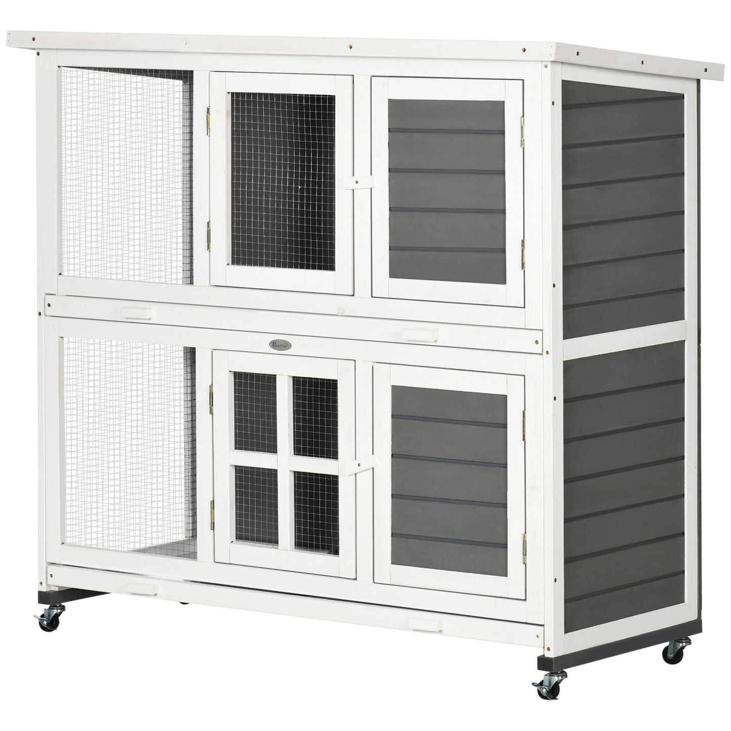 Pawhut Rabbit Hutch, Guinea Pig Cage with Wheels & Slide-Out Trays, Grey