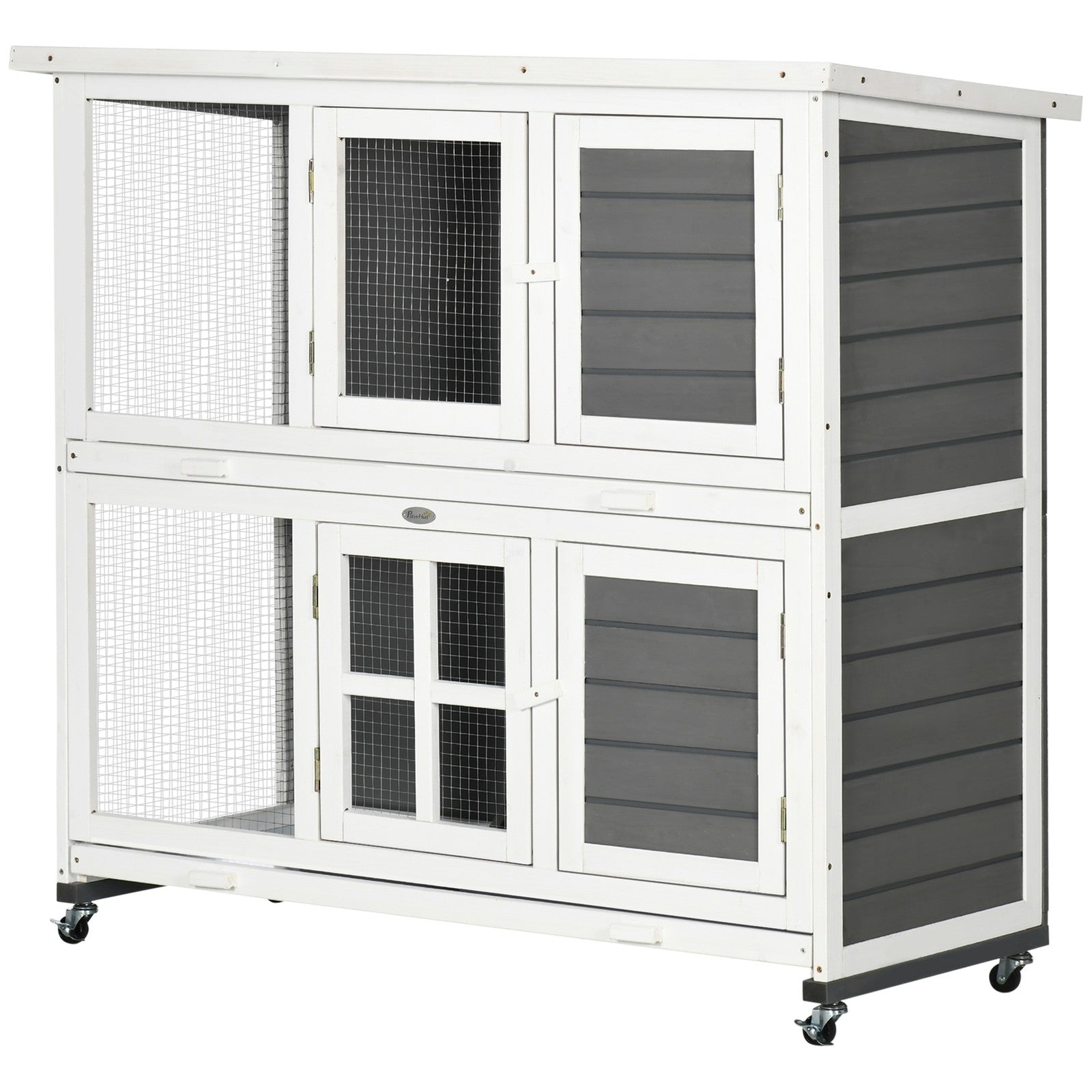 Pawhut Rabbit Hutch, Guinea Pig Cage with Wheels & Slide-Out Trays, Grey