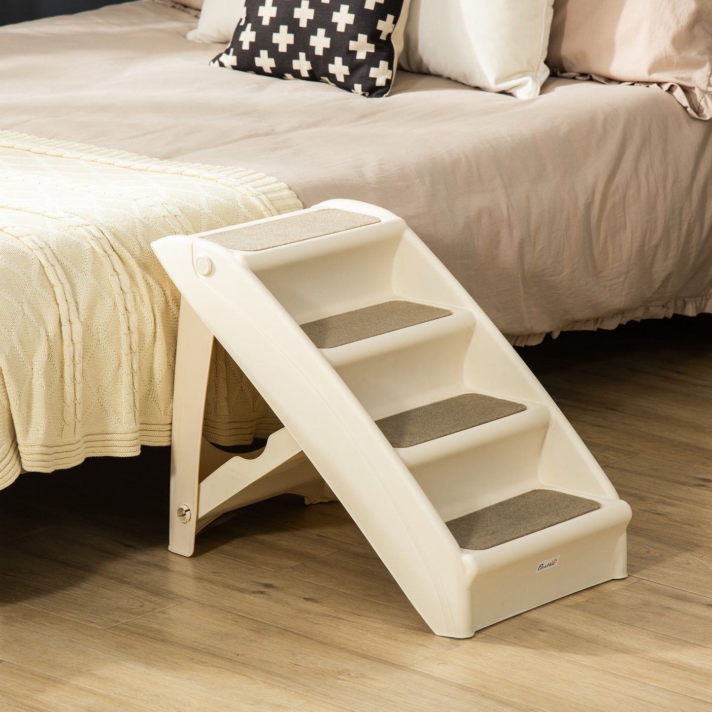 Pawhut Four-Step Foldable Pet Stairs W/ Non-Slip Mats, for S, XS Dogs - Beige