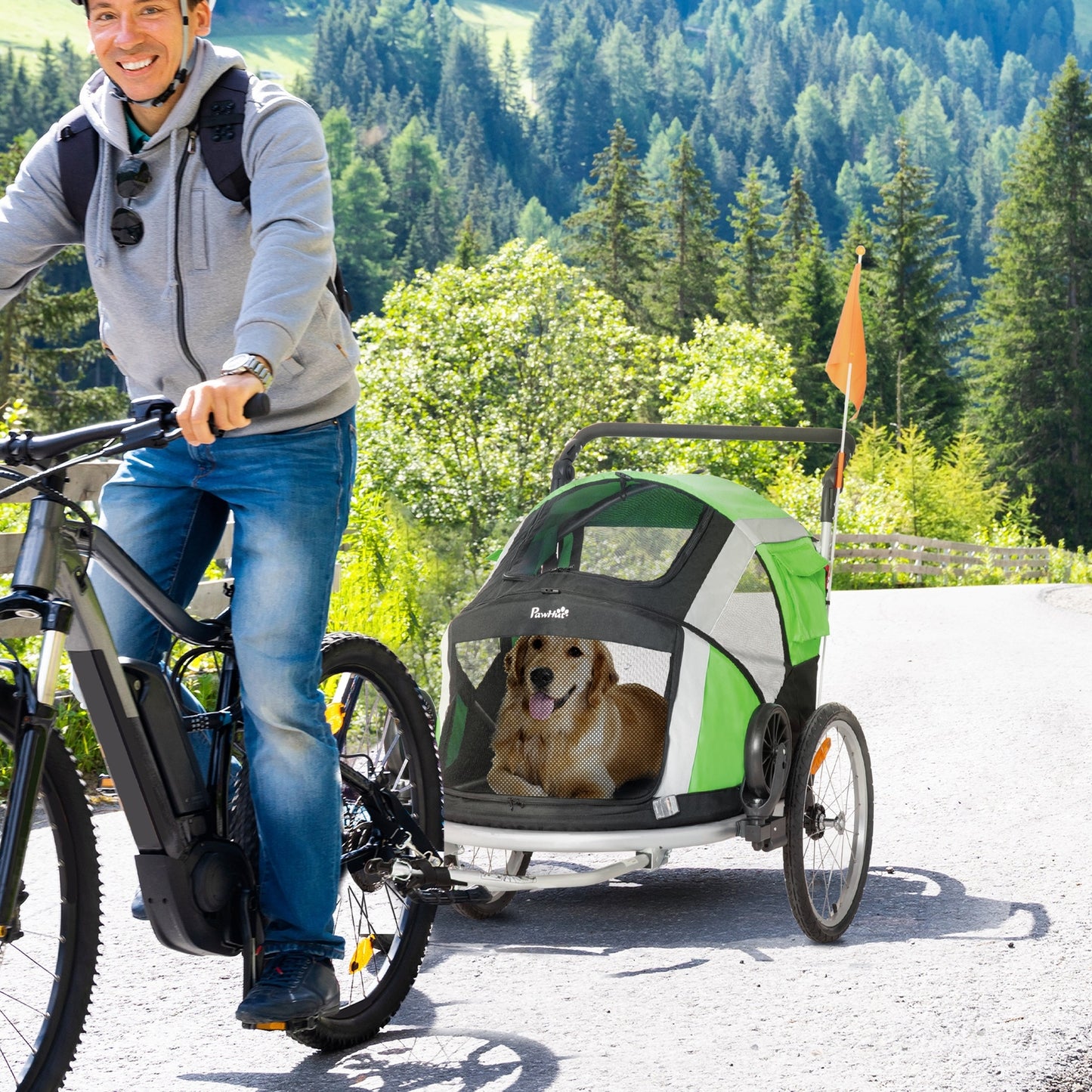 Pawhut 2-In-1 Dog Bicycle Trailer W/ Safety Leash, Reflectors - Green