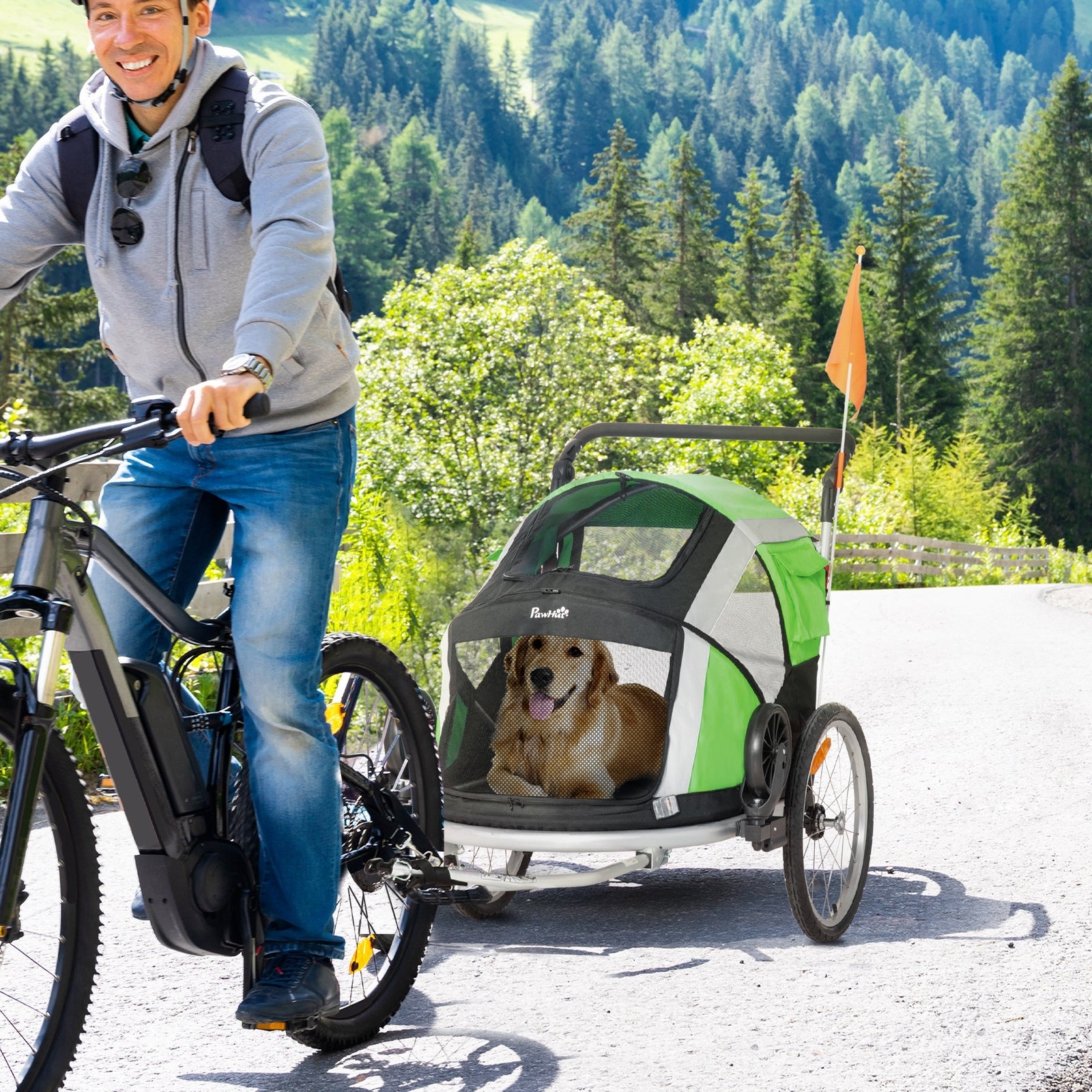 Pawhut 2-In-1 Dog Bicycle Trailer W/ Safety Leash, Reflectors - Green
