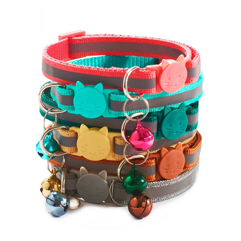 10Pcs Wholesale with Bell Collars Delicate Safety Reflective Nylon Dog Collars Neck Strap Fashion Adjustable Pet Cat Dog Collar