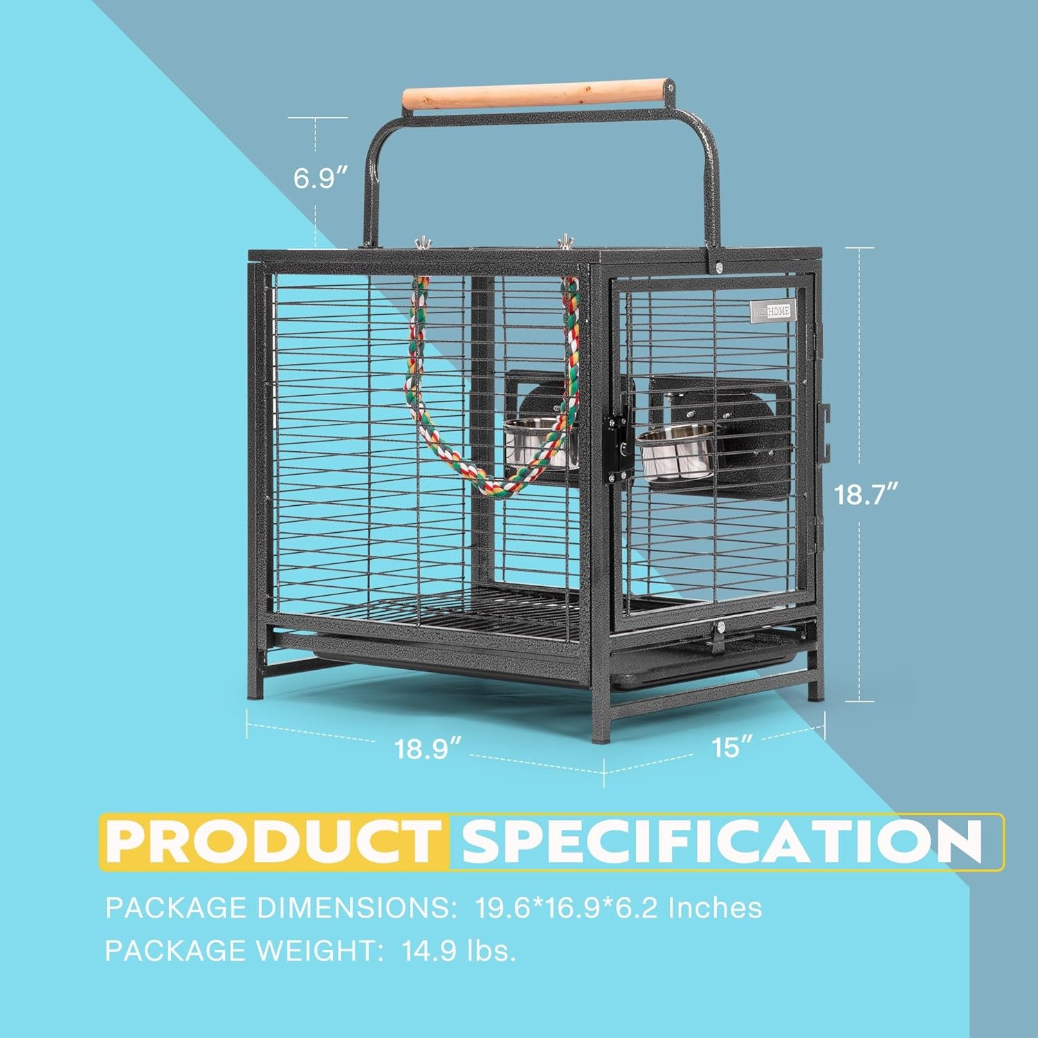 48 Cm Wrought Iron Bird Travel Carrier Cage with Handle Bird Transport Cage with Wooden Perch Portable Parrot Cage with Pullable Tray for Parrots Conures Lovebird Cockatiel Parakeets