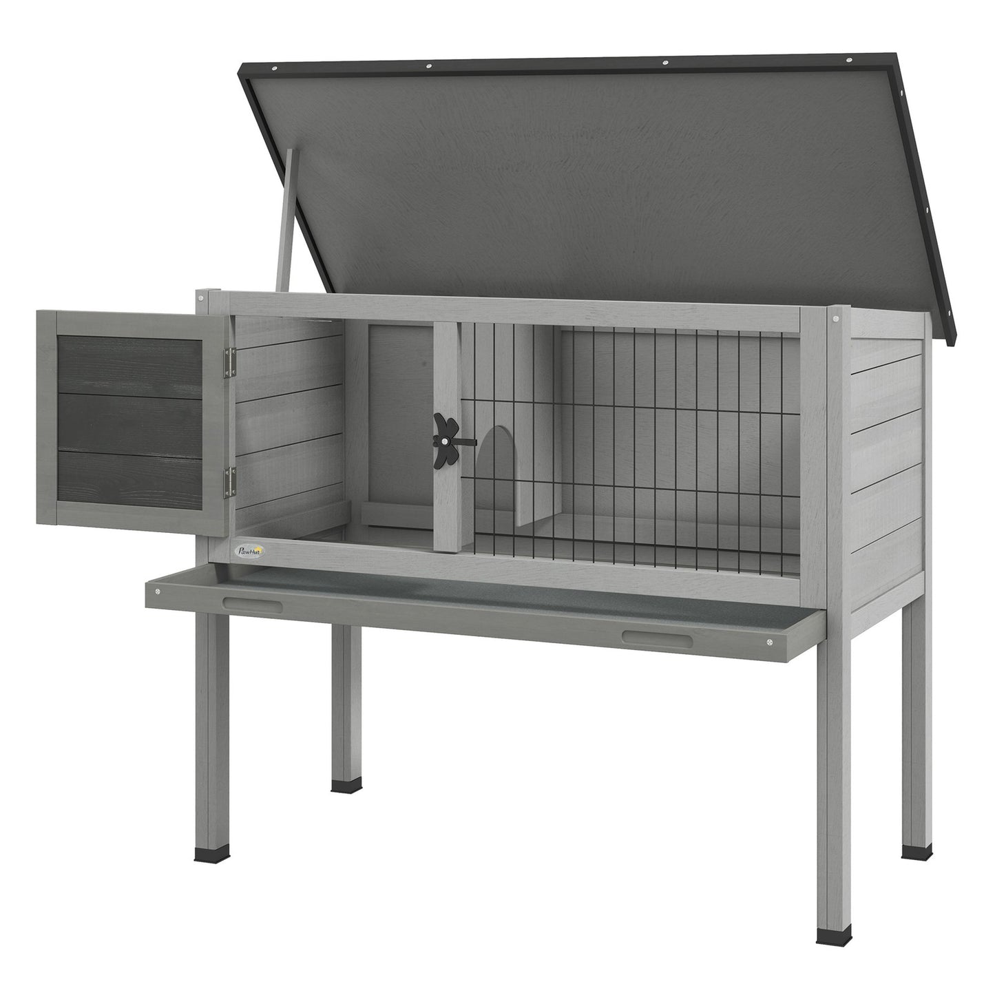Guinea Pig Hutch, Wooden Small Animal Cage W/ Slide-Out Tray & Open Roof, Grey