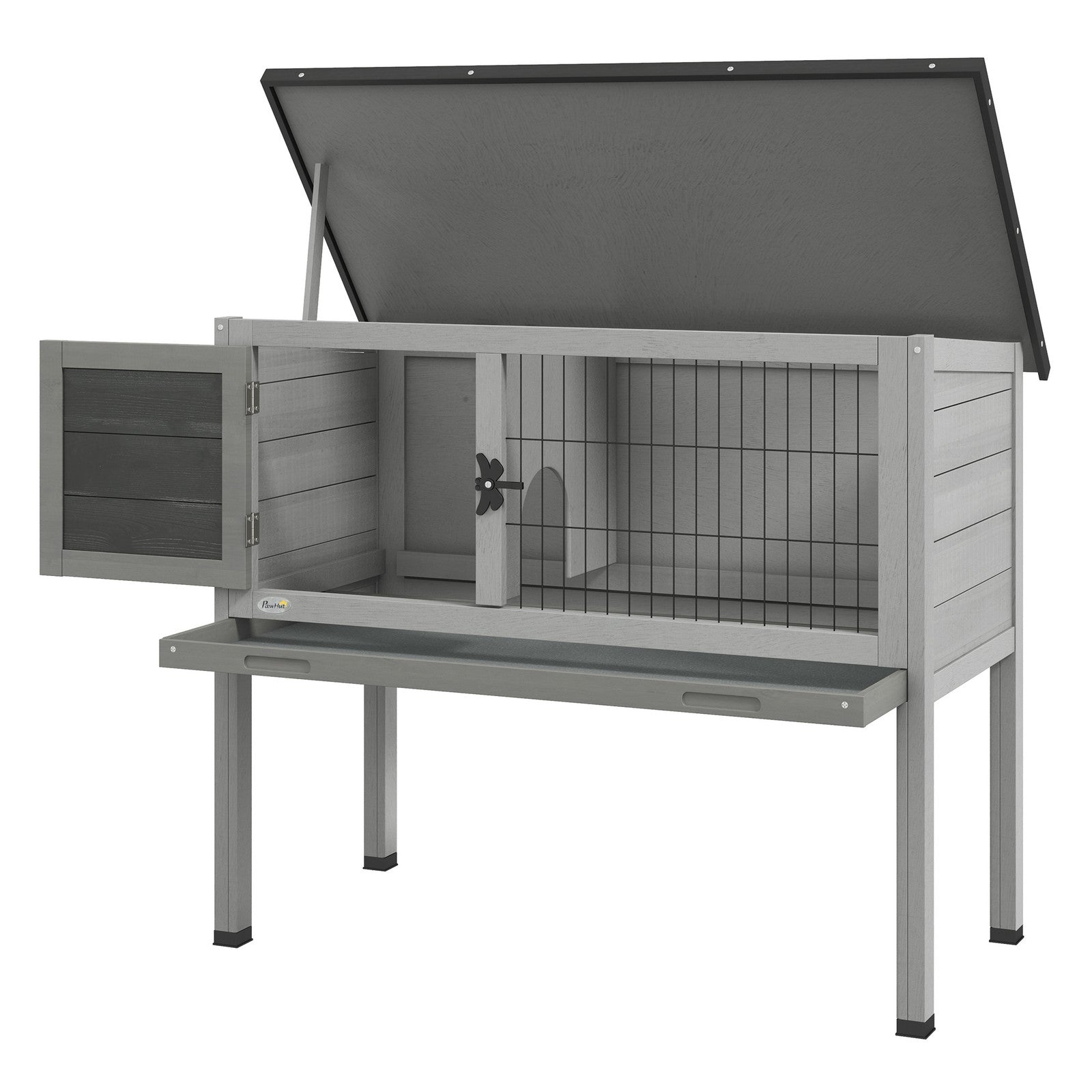 Guinea Pig Hutch, Wooden Small Animal Cage W/ Slide-Out Tray & Open Roof, Grey