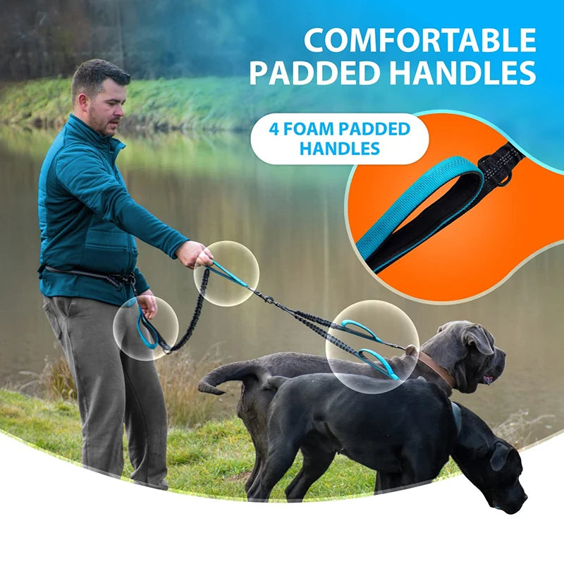 Strong Hands Free Double Dog Leash Reflective Comfortable No Tangle Padded Handle Dual Pet Lead for Medium Large Dogs