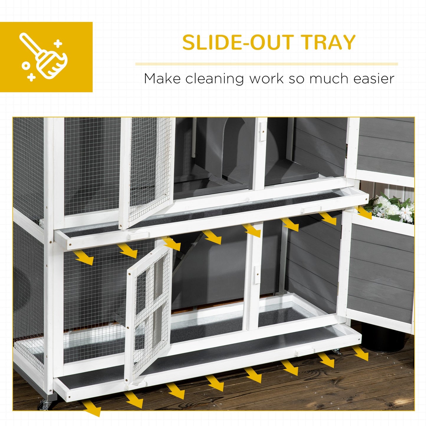 Pawhut Rabbit Hutch, Guinea Pig Cage with Wheels & Slide-Out Trays, Grey