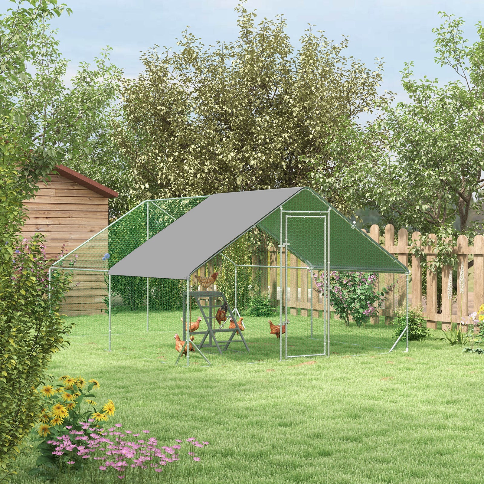 Pawhut Walk in Chicken Run with Chicken Activity Shelf and Cover, 3 X 4 X 2M