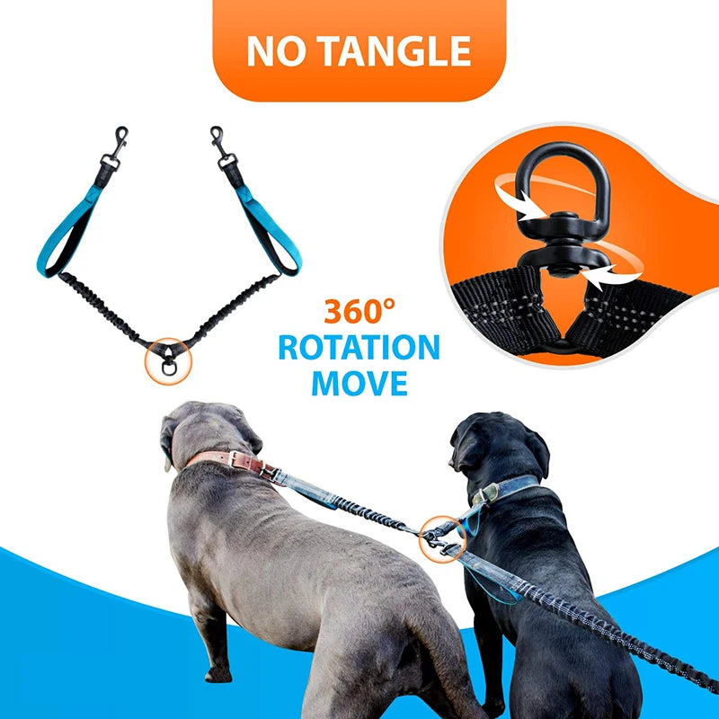 Strong Hands Free Double Dog Leash Reflective Comfortable No Tangle Padded Handle Dual Pet Lead for Medium Large Dogs