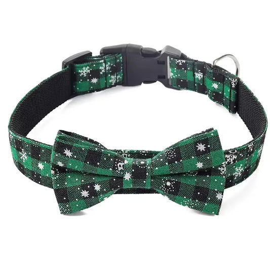 Dog Collar with Bow Tie,Christmas Plaid Snowflake Dog Collar with Adjustable Buckle Suitable for Small Large Dogs Cats Pets