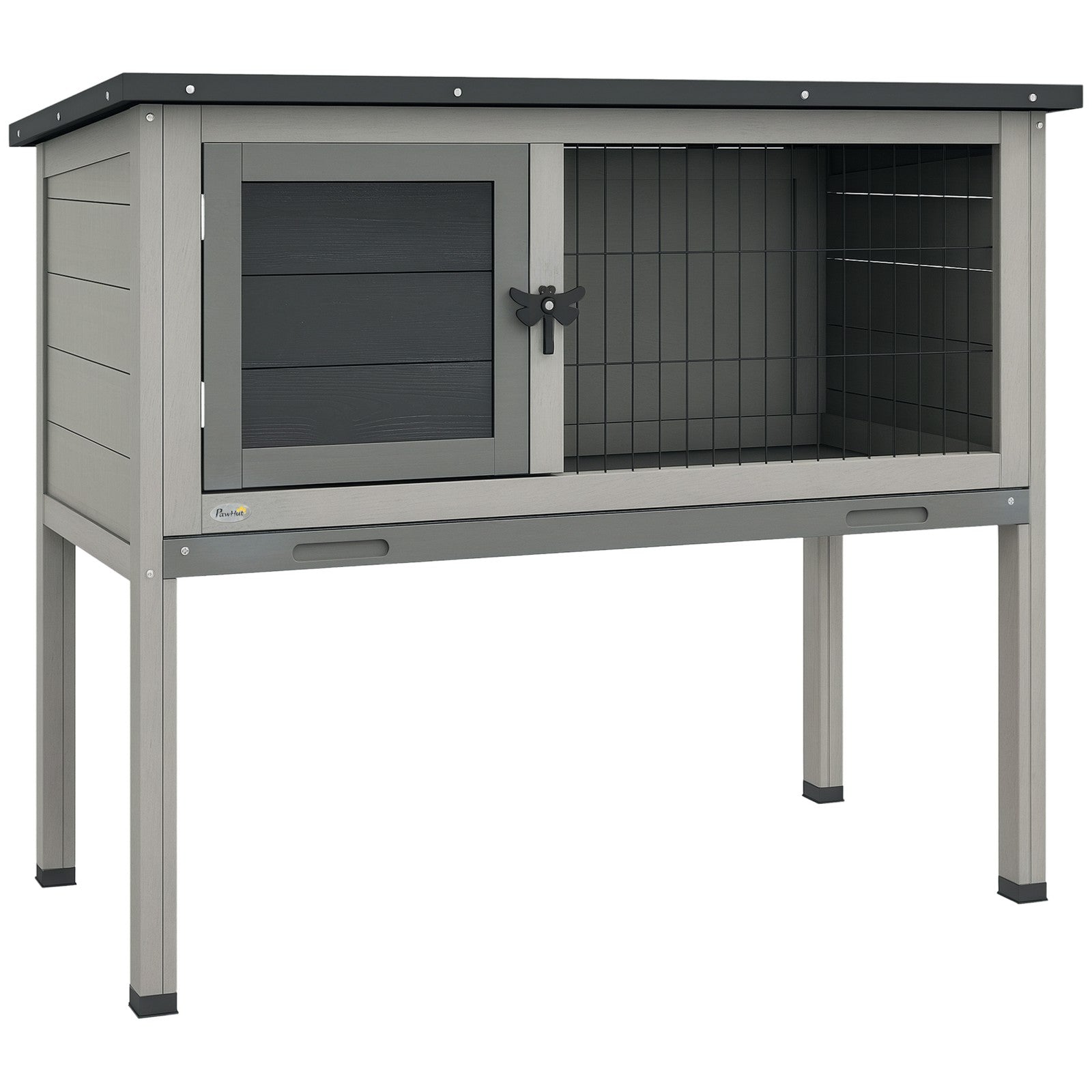 Guinea Pig Hutch, Wooden Small Animal Cage W/ Slide-Out Tray & Open Roof, Grey