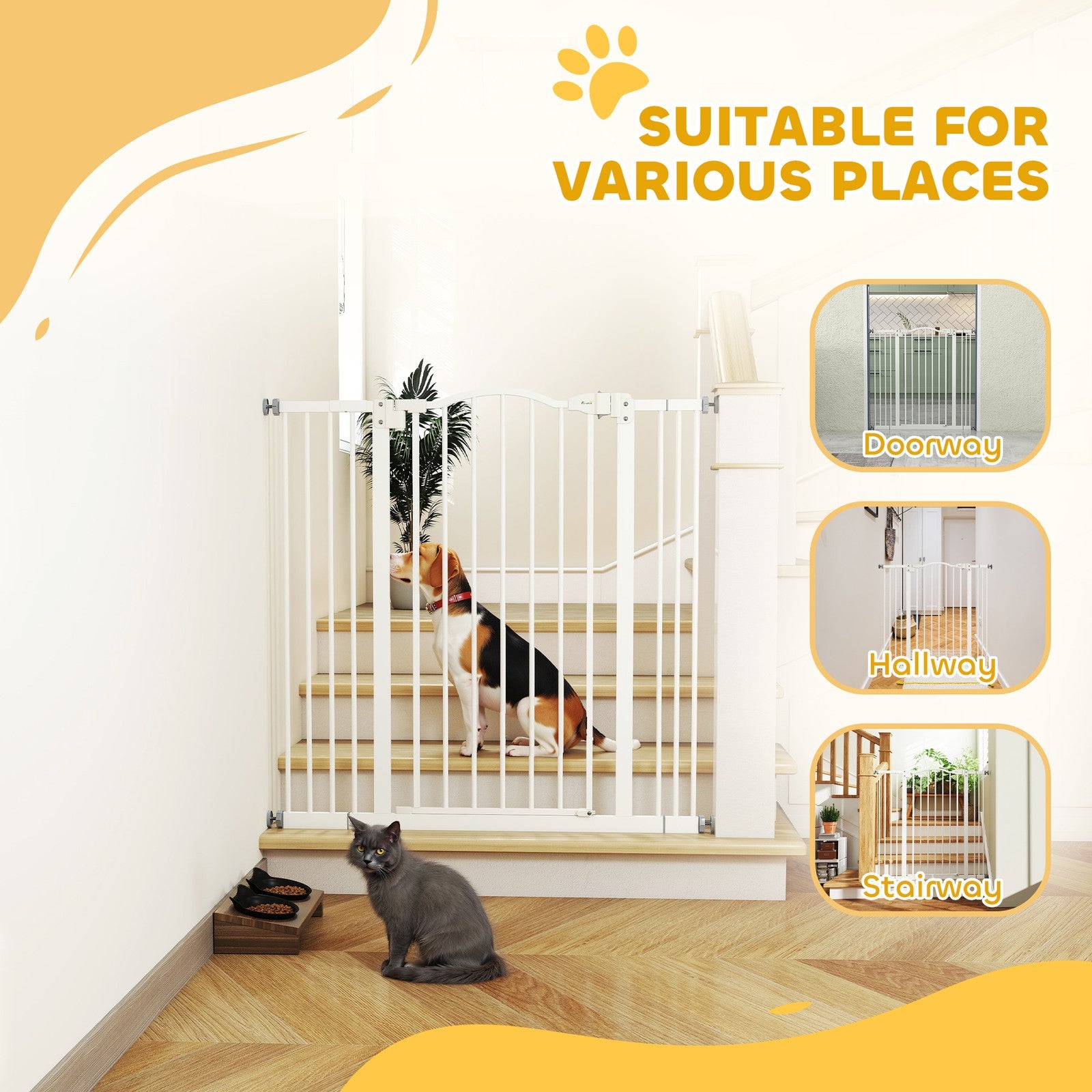 Pawhut 74-100Cm Adjustable Metal Pet Gate Safety Barrier W/Auto-Close Door White