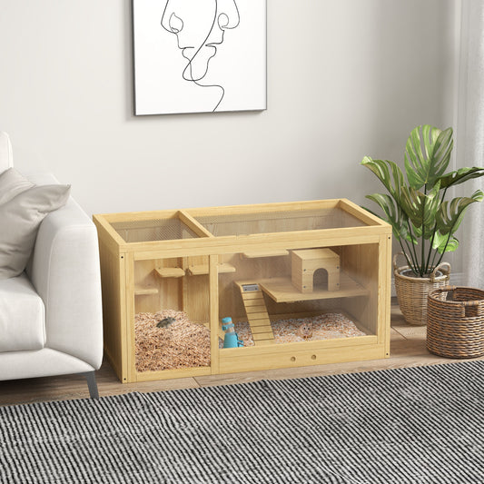 Pawhut Wooden Hamster Cage with Water Bottle, Platforms, Openable Roof