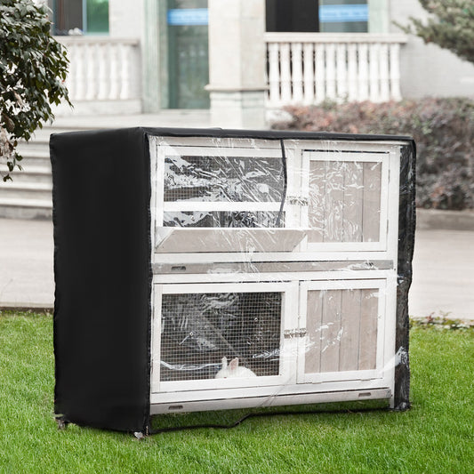 Two-Tier Wooden Rabitch Hutch, with Wheels, Trough, Rain Cover, Tray, Grey