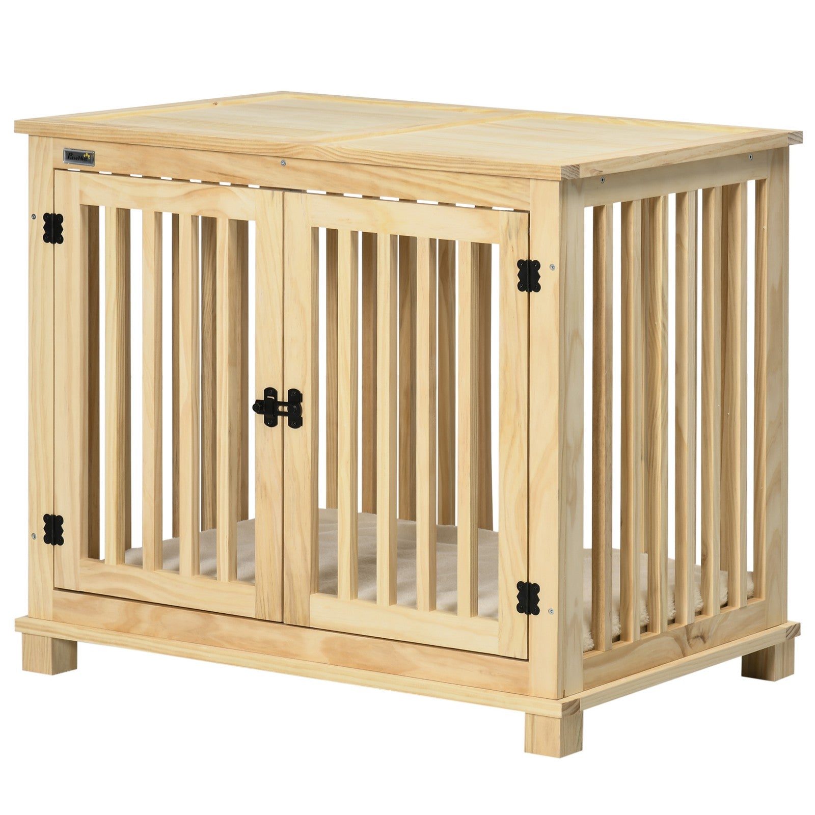 Wooden Dog Crate Furniture W/ Double Doors, Soft Cushion, for Medium Dogs