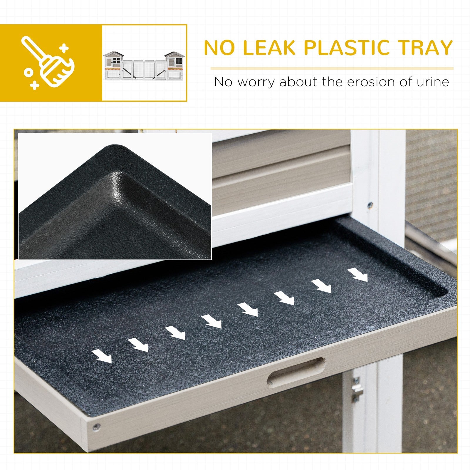 2 in 1 Rabbit Hutch Outdoor, Double Main House with Run & No-Leak Tray, Grey