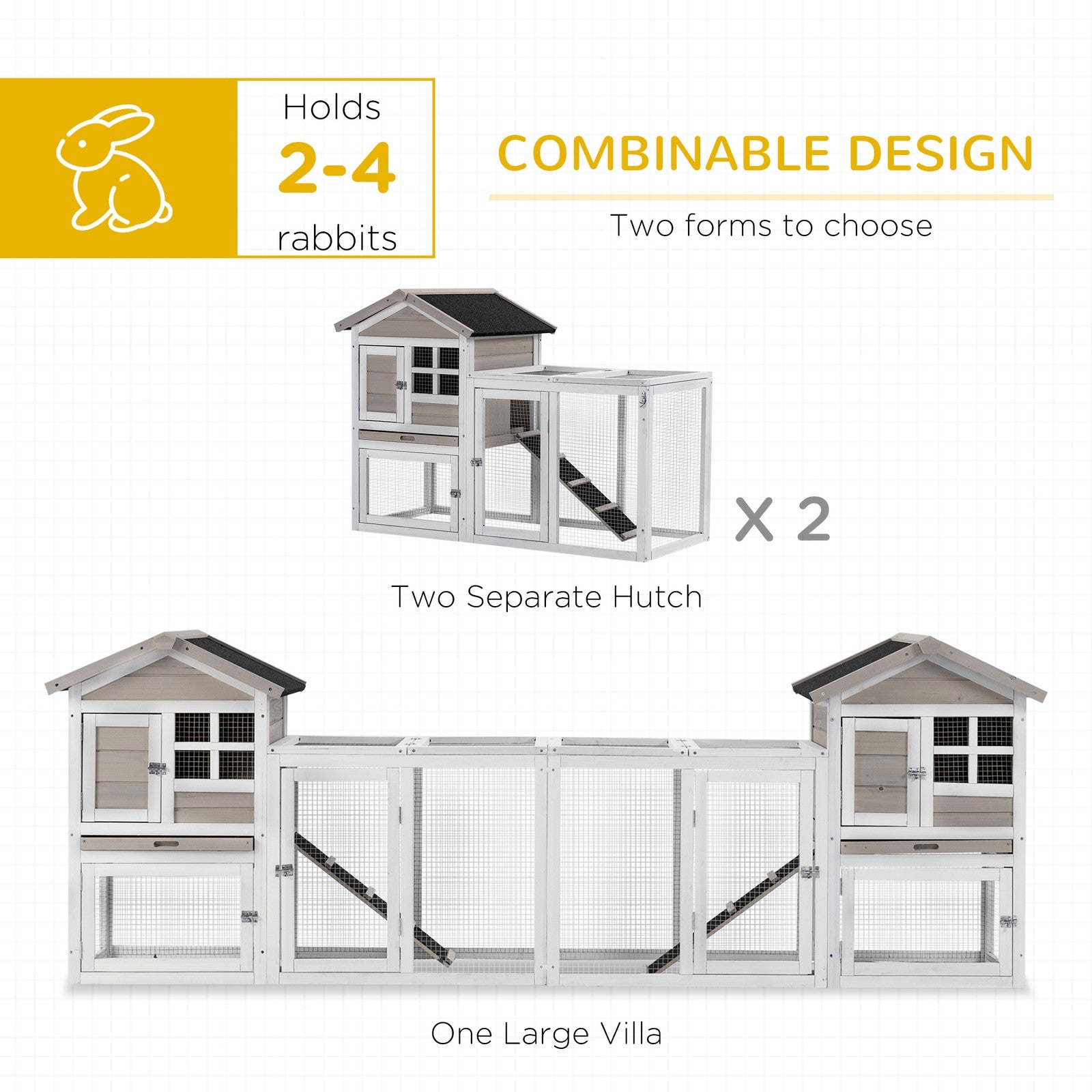 2 in 1 Rabbit Hutch Outdoor, Double Main House with Run & No-Leak Tray, Grey