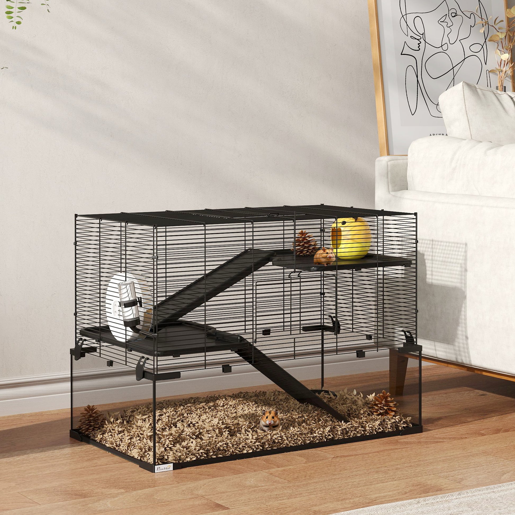 3 Tiers Hamster Cage, Gerbil Cage W/ Ramps, Exercise Wheel