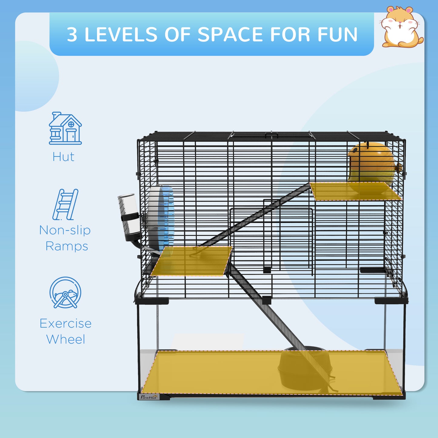 3 Tiers Hamster Cage, Gerbil Cage W/ Ramps, Exercise Wheel