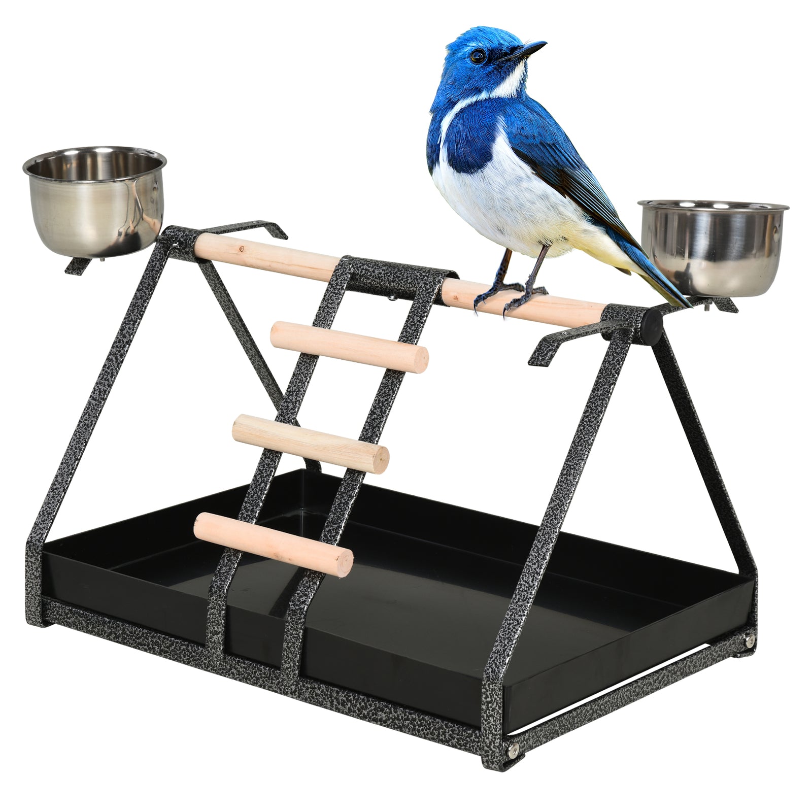 Bird Playstand with Wooden Perch Ladder Feeding Cups for Macaw Parrot Conure