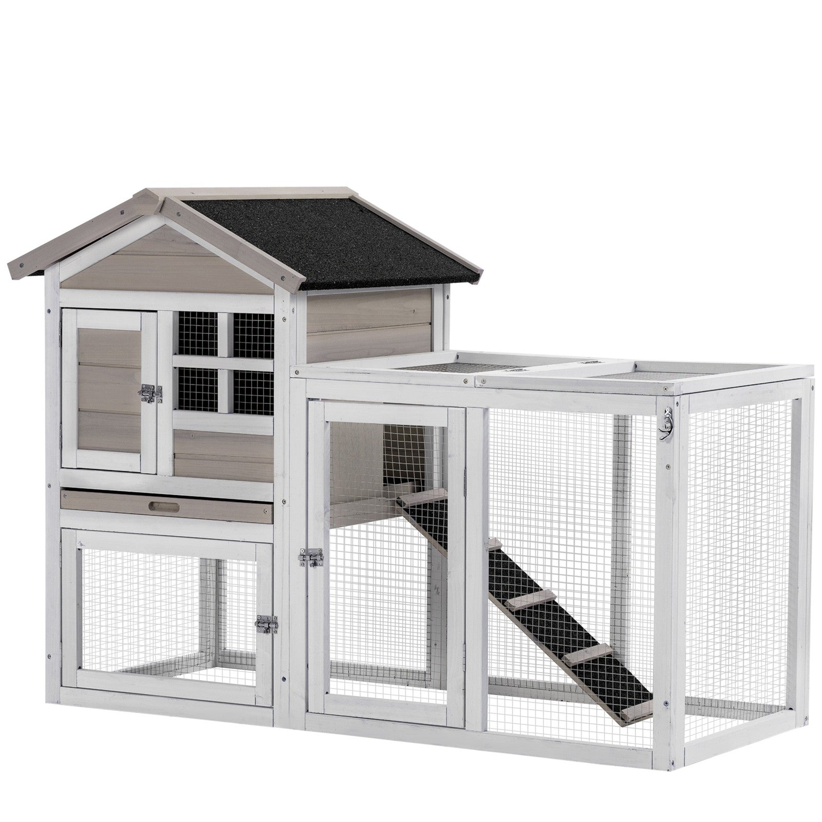 2 in 1 Rabbit Hutch Outdoor, Double Main House with Run & No-Leak Tray, Grey
