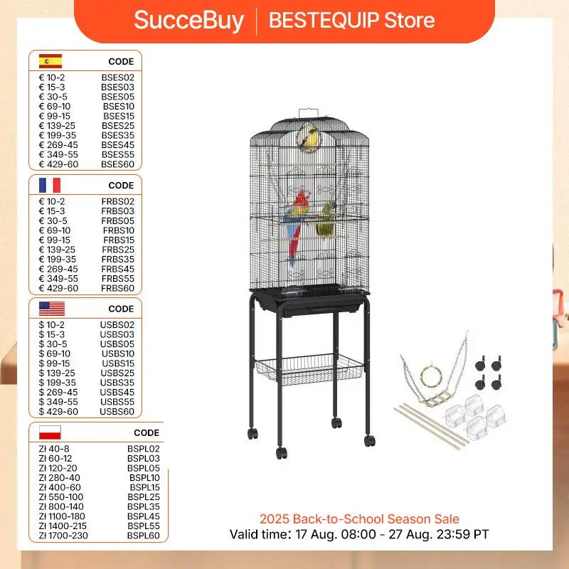 60 Inch Bird Aviary Flight Pet Bird Cage Metal with Rolling Stand and Hanging Toys for Cockatiels Parrots Pigeons Parakeet