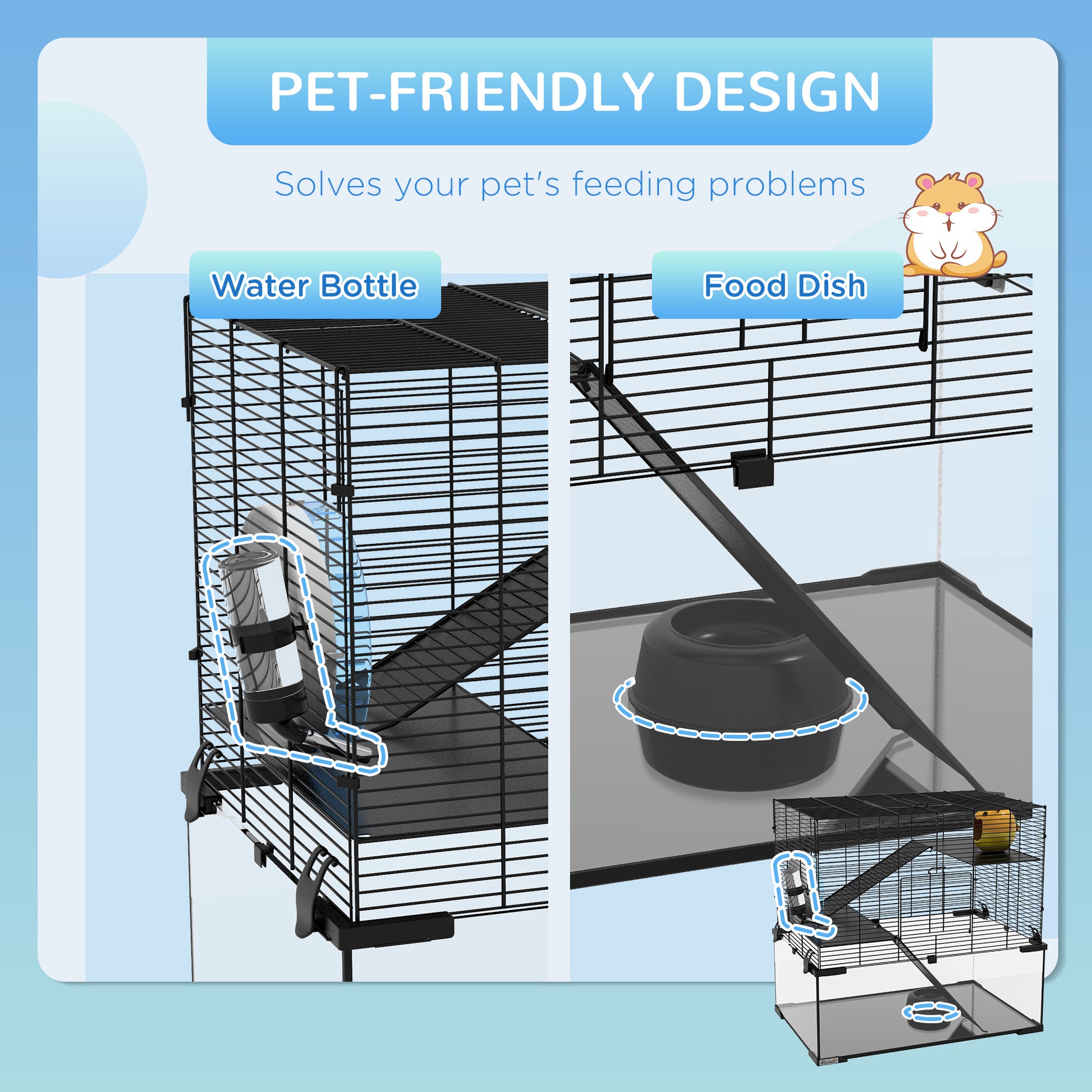 3 Tiers Hamster Cage, Gerbil Cage W/ Ramps, Exercise Wheel