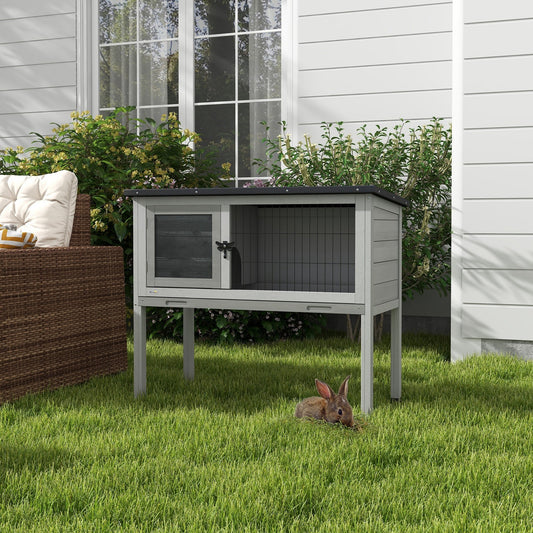 Guinea Pig Hutch, Wooden Small Animal Cage W/ Slide-Out Tray & Open Roof, Grey