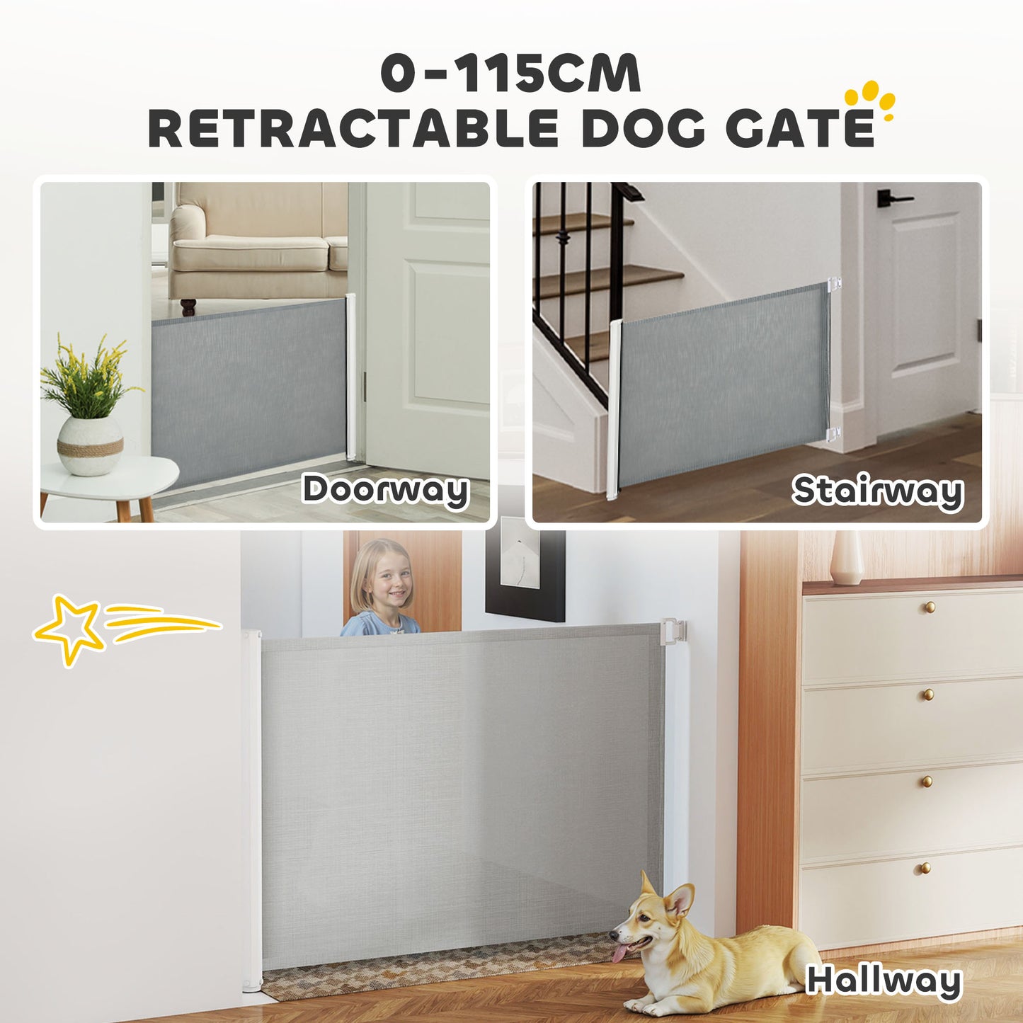 Pet Safety Gate, Retractable Dog Barrier, Folding Home Doorway Stair Guard