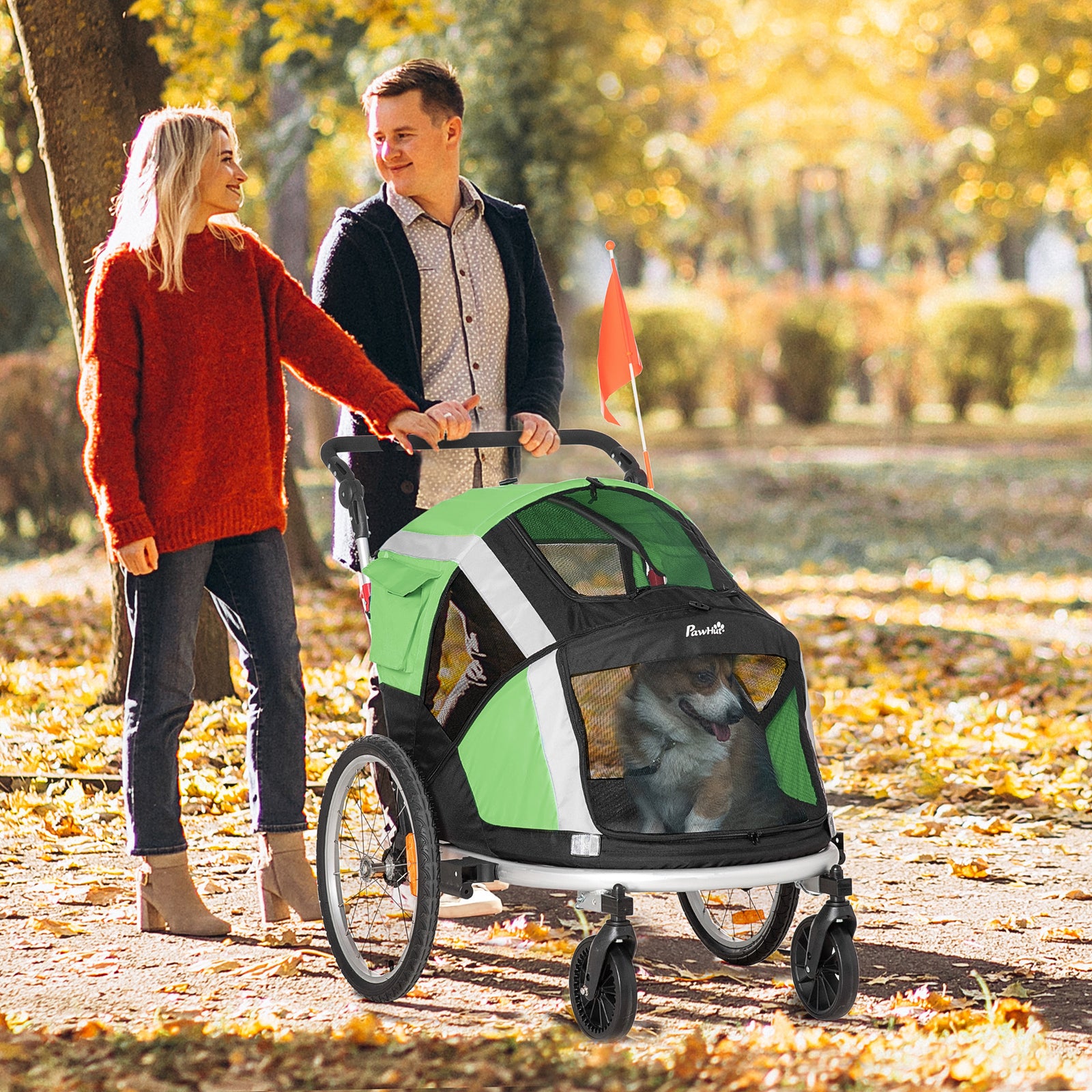 Pawhut 2-In-1 Dog Bicycle Trailer W/ Safety Leash, Reflectors - Green