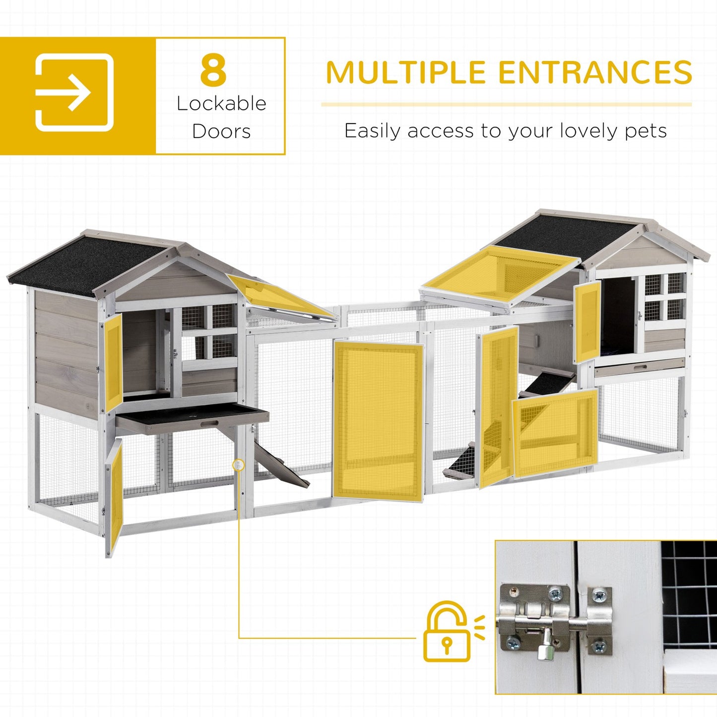 2 in 1 Rabbit Hutch Outdoor, Double Main House with Run & No-Leak Tray, Grey