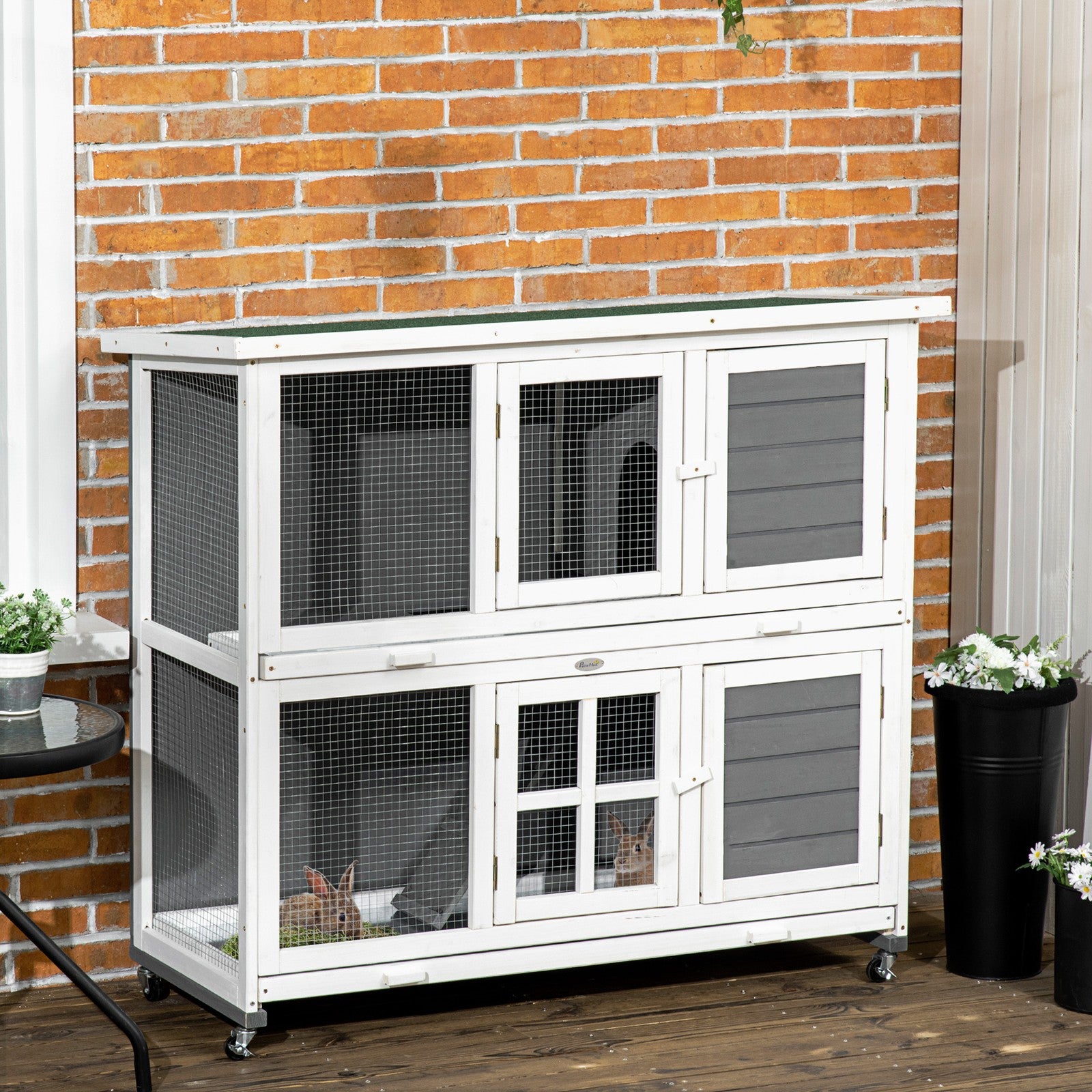 Pawhut Rabbit Hutch, Guinea Pig Cage with Wheels & Slide-Out Trays, Grey