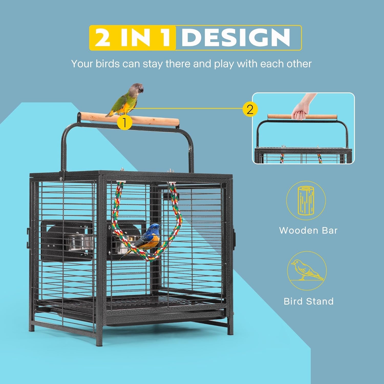 48 Cm Wrought Iron Bird Travel Carrier Cage with Handle Bird Transport Cage with Wooden Perch Portable Parrot Cage with Pullable Tray for Parrots Conures Lovebird Cockatiel Parakeets