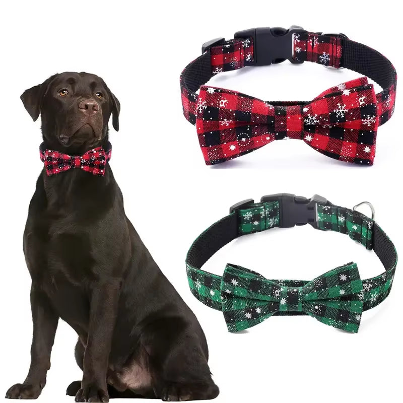 Dog Collar with Bow Tie,Christmas Plaid Snowflake Dog Collar with Adjustable Buckle Suitable for Small Large Dogs Cats Pets