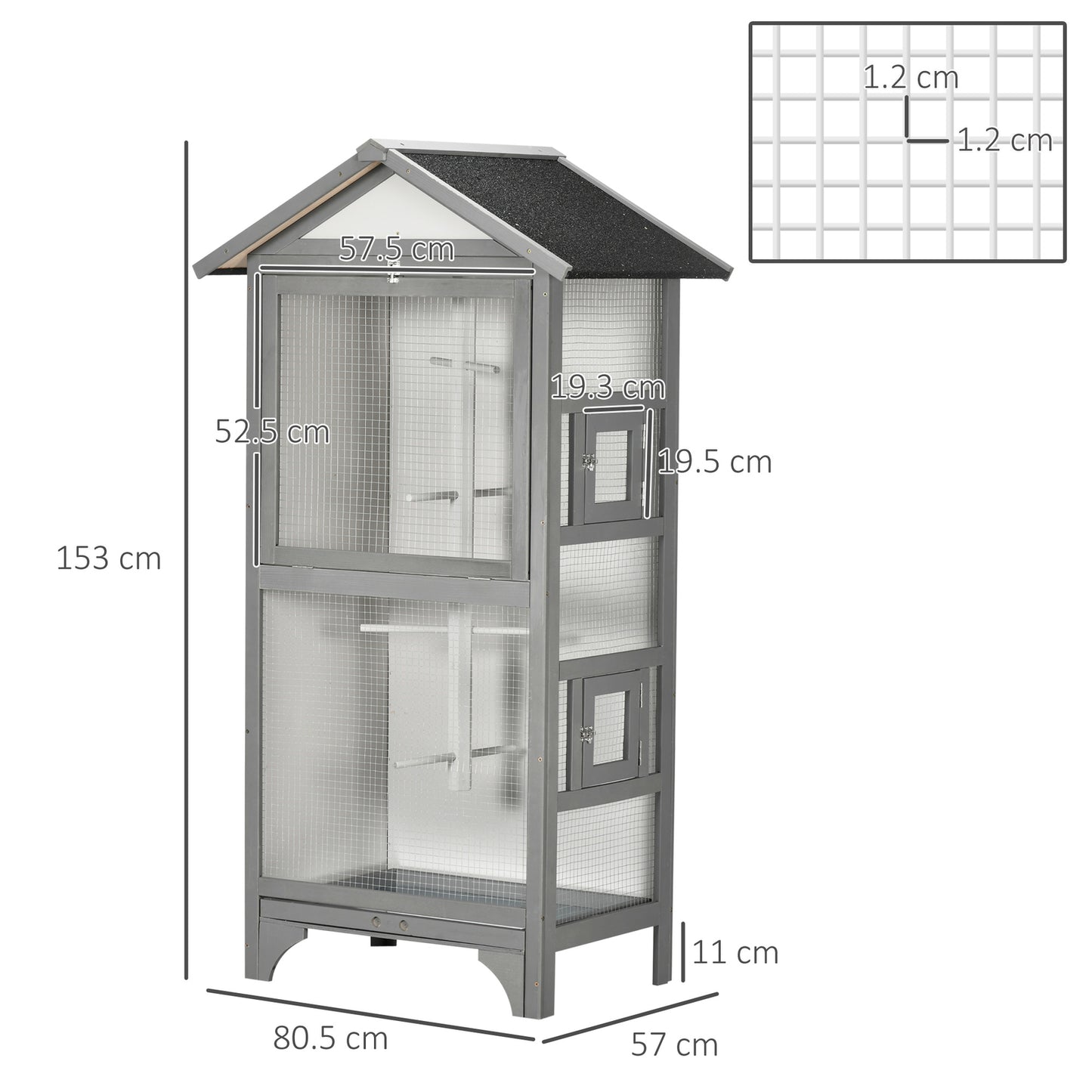 Pawhut Wooden Bird Aviary, Outdoor Bird Cage for Finch, Canary W/ Tray - Grey
