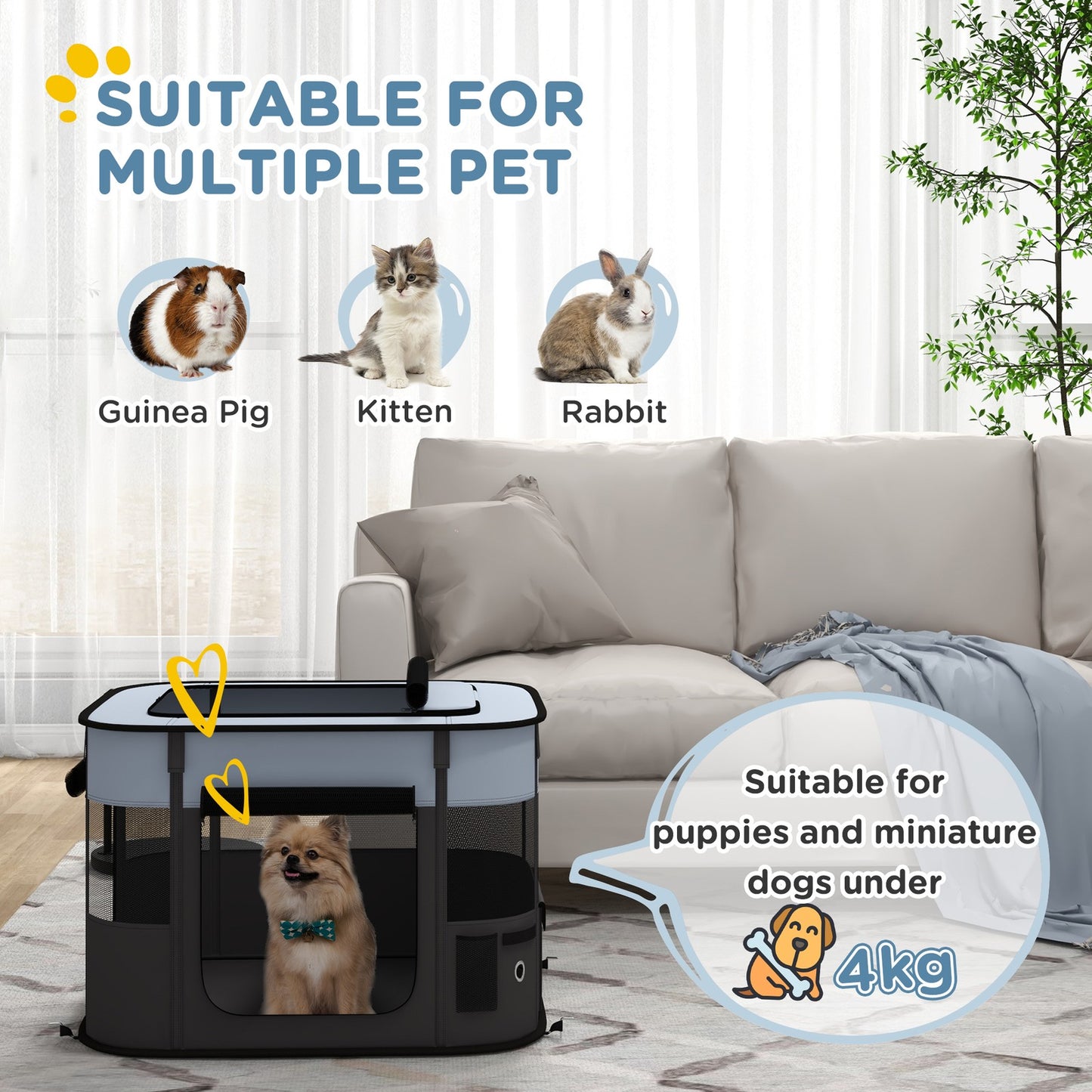 Pawhut Portable Dog Pen for Puppies, Rabbits, Kittens, Guinea Pigs - Grey