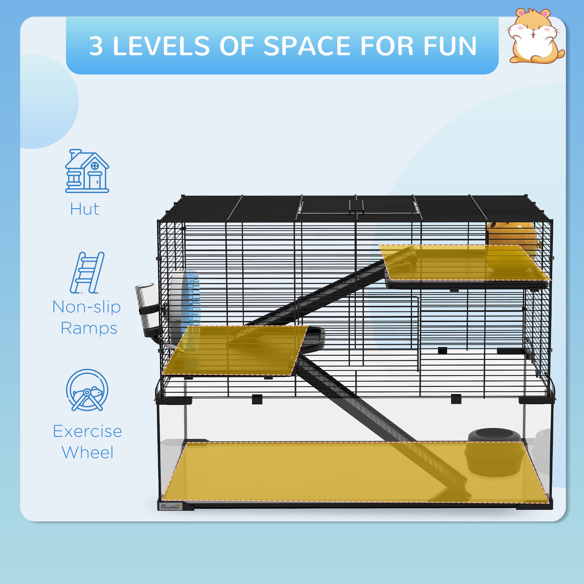 3 Tiers Hamster Cage, Gerbil Cage W/ Ramps, Exercise Wheel