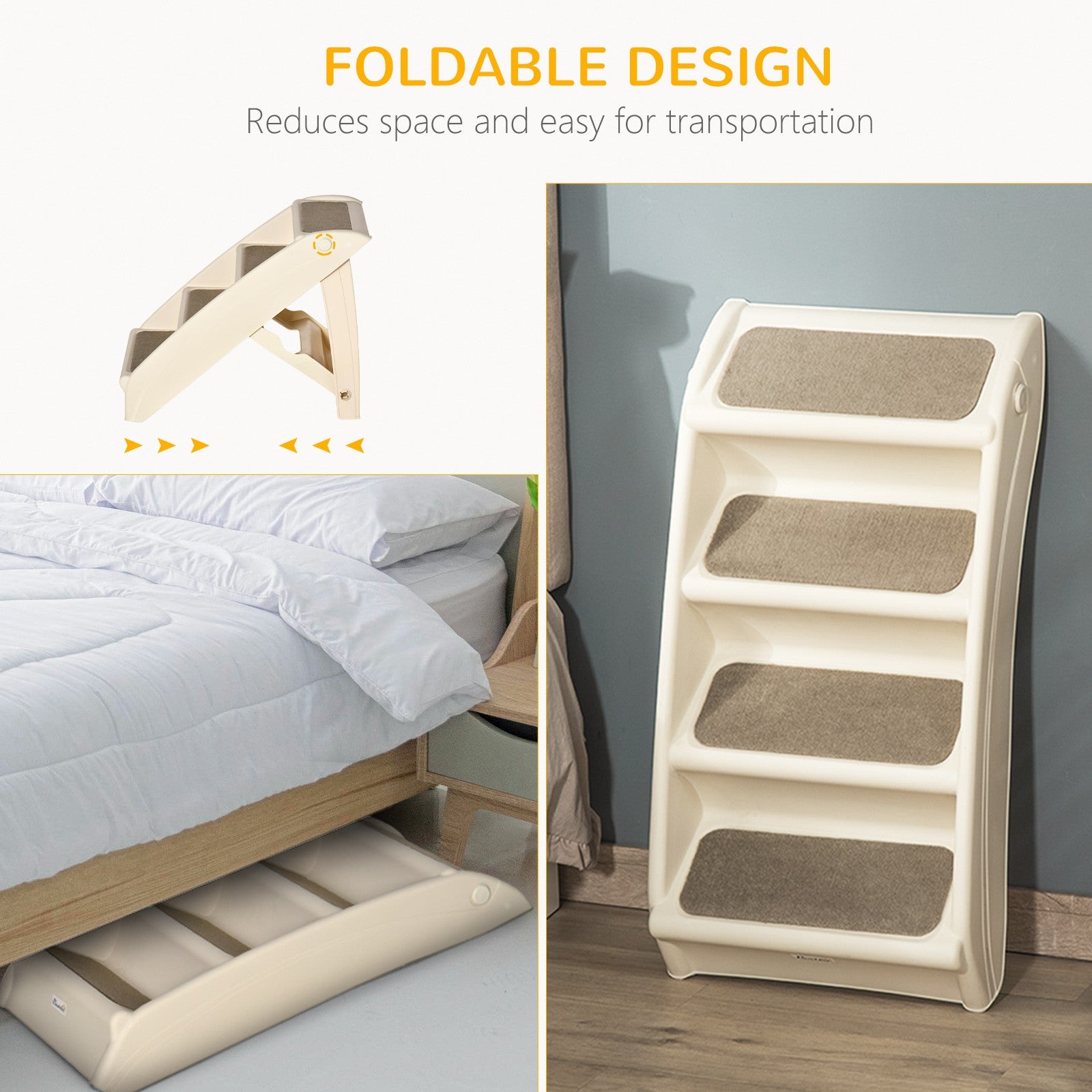 Pawhut Four-Step Foldable Pet Stairs W/ Non-Slip Mats, for S, XS Dogs - Beige