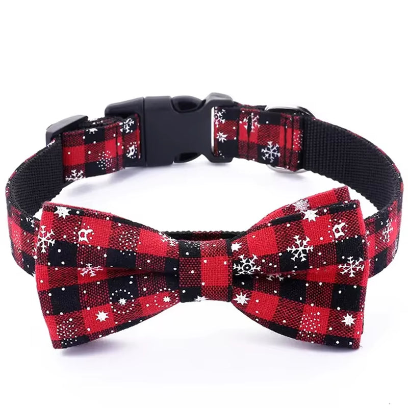 Dog Collar with Bow Tie,Christmas Plaid Snowflake Dog Collar with Adjustable Buckle Suitable for Small Large Dogs Cats Pets