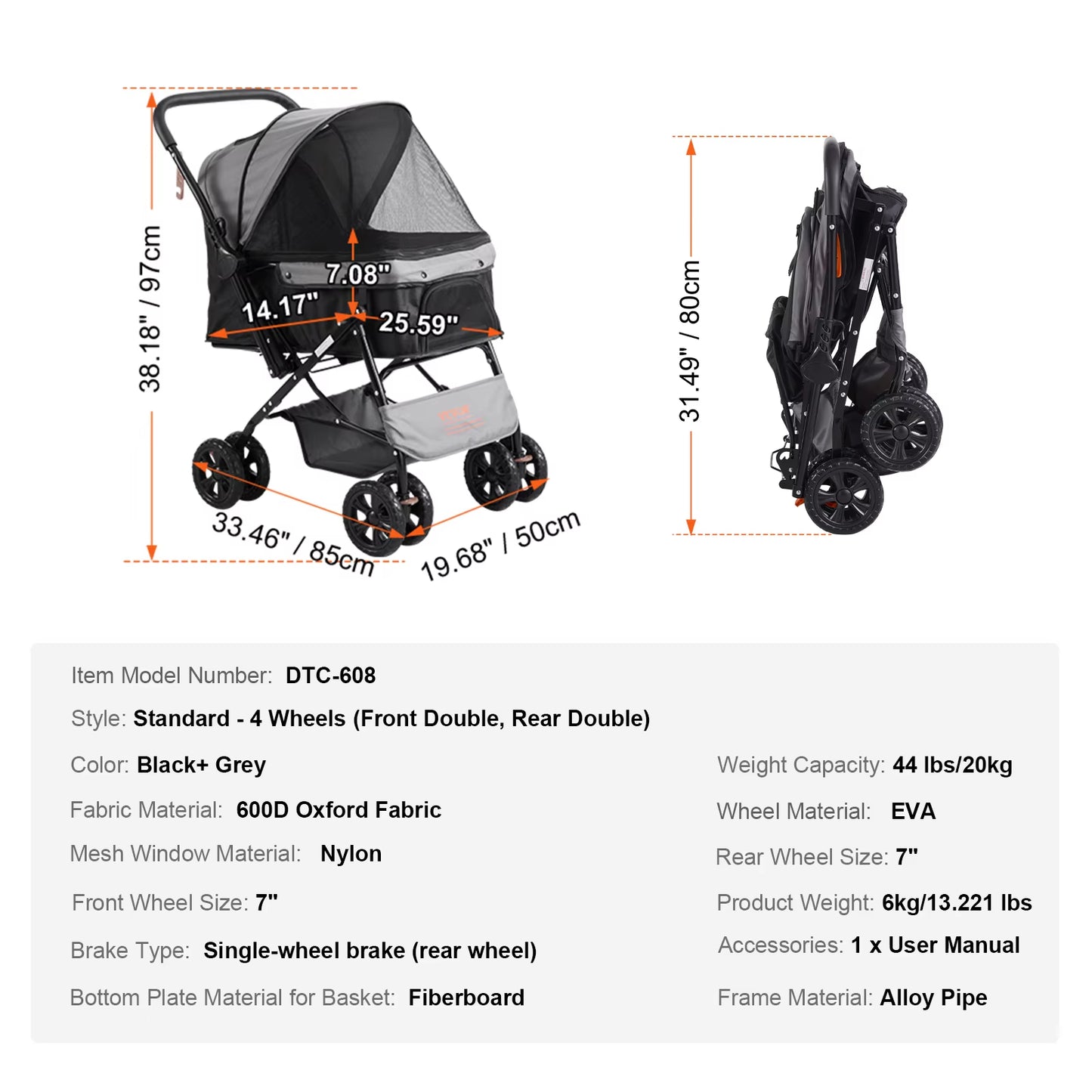 Pet Stroller Carrier Dog Cat Strollers Lightweight Travel Rotate with Brakes Pet Pad Cup Holder for Puppy Accessories