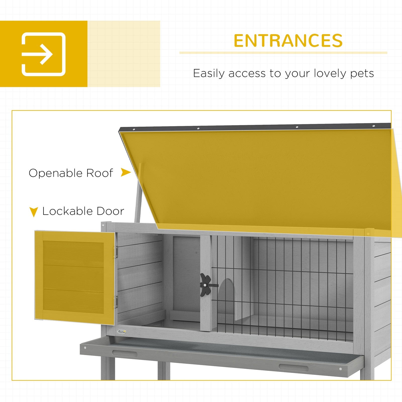 Guinea Pig Hutch, Wooden Small Animal Cage W/ Slide-Out Tray & Open Roof, Grey