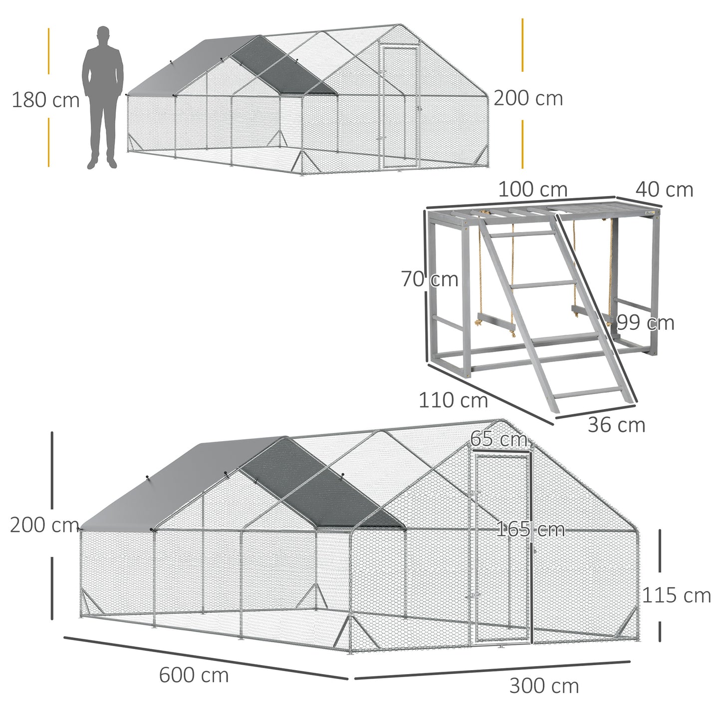 Walk in Chicken Run with Chicken Activity Shelf and Cover, 3 X 6 X 2M