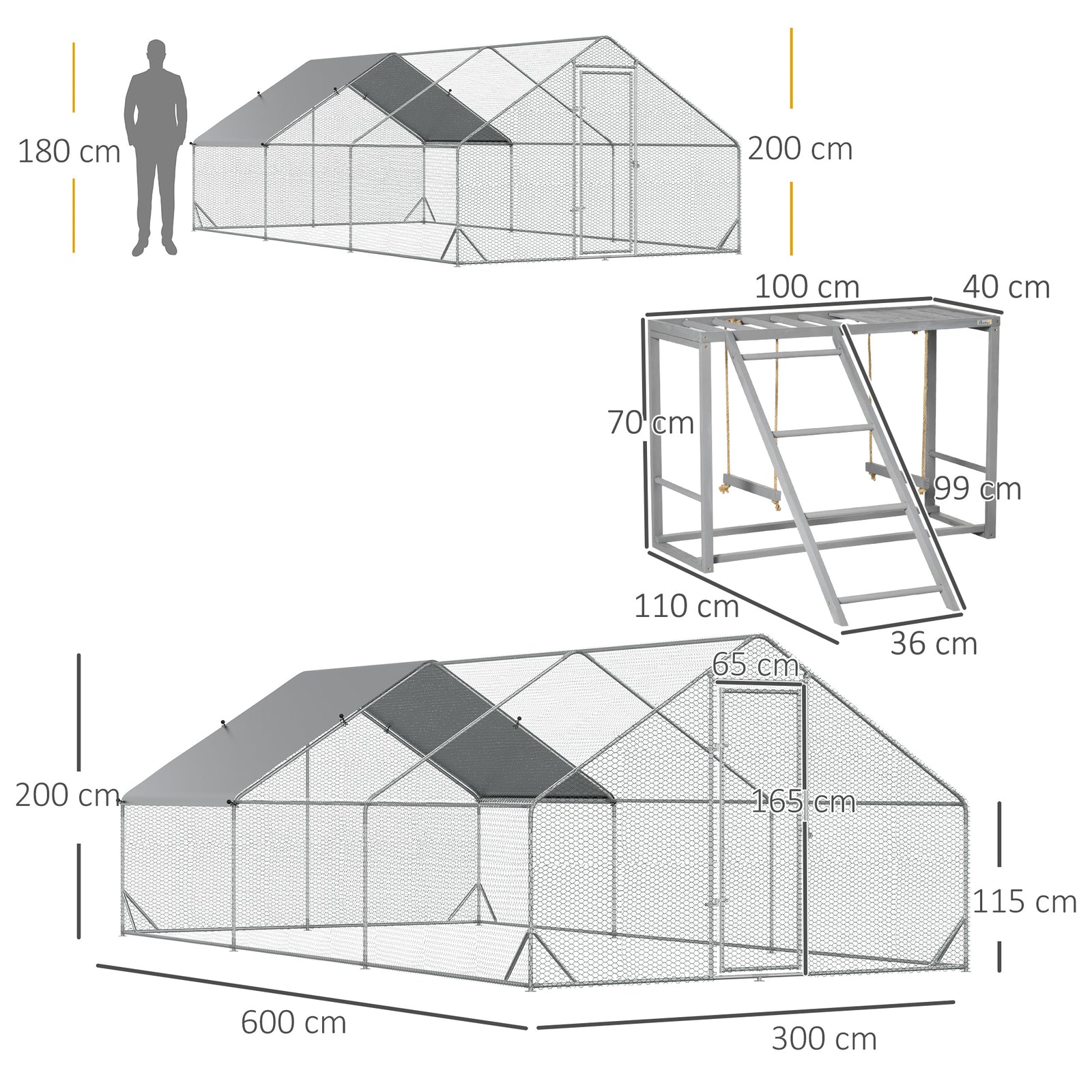 Walk in Chicken Run with Chicken Activity Shelf and Cover, 3 X 6 X 2M