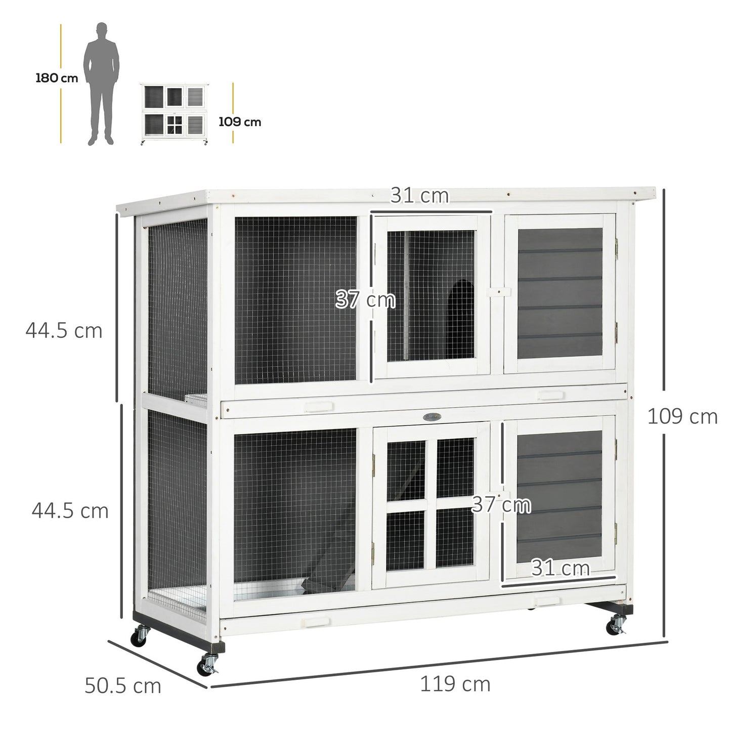 Pawhut Rabbit Hutch, Guinea Pig Cage with Wheels & Slide-Out Trays, Grey