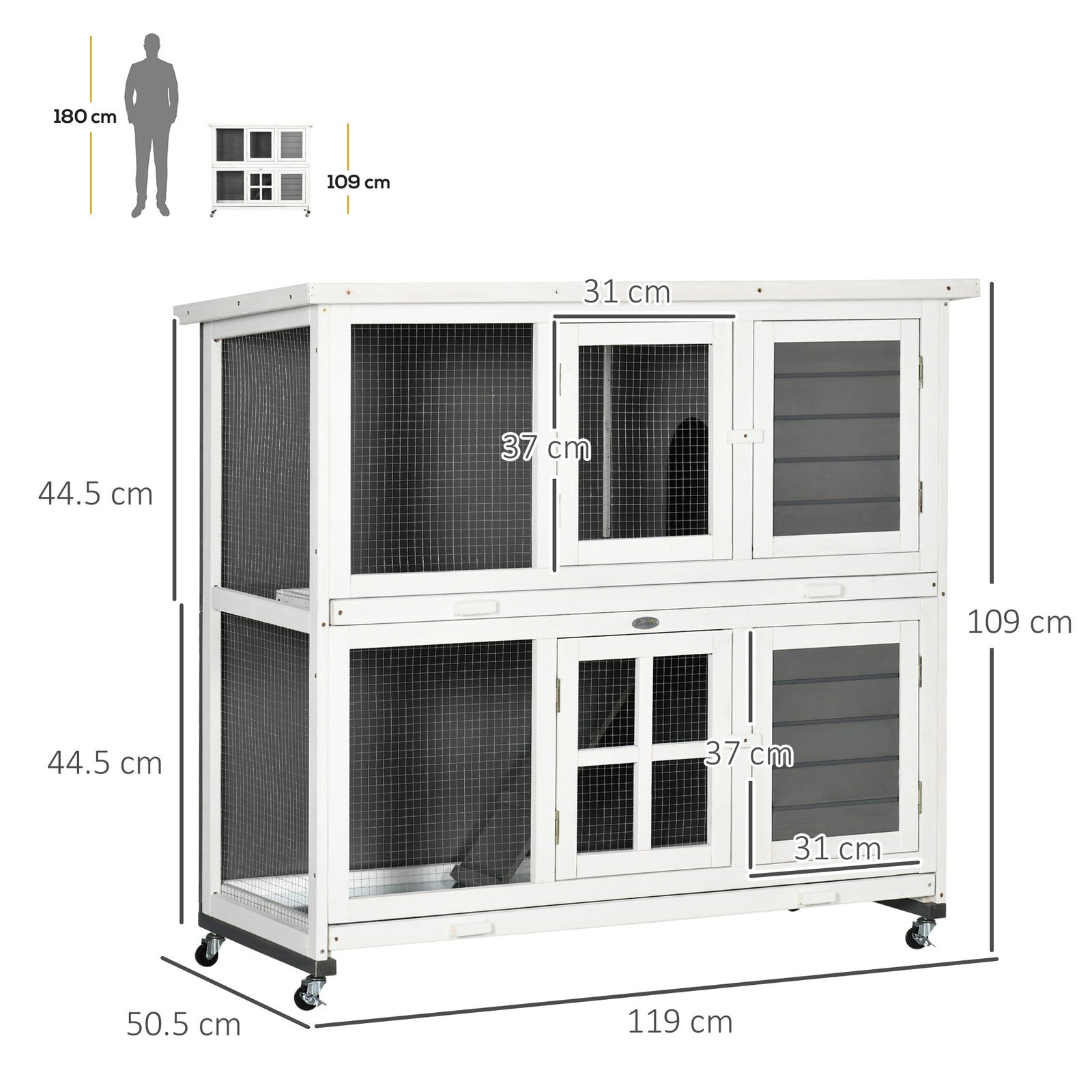 Pawhut Rabbit Hutch, Guinea Pig Cage with Wheels & Slide-Out Trays, Grey