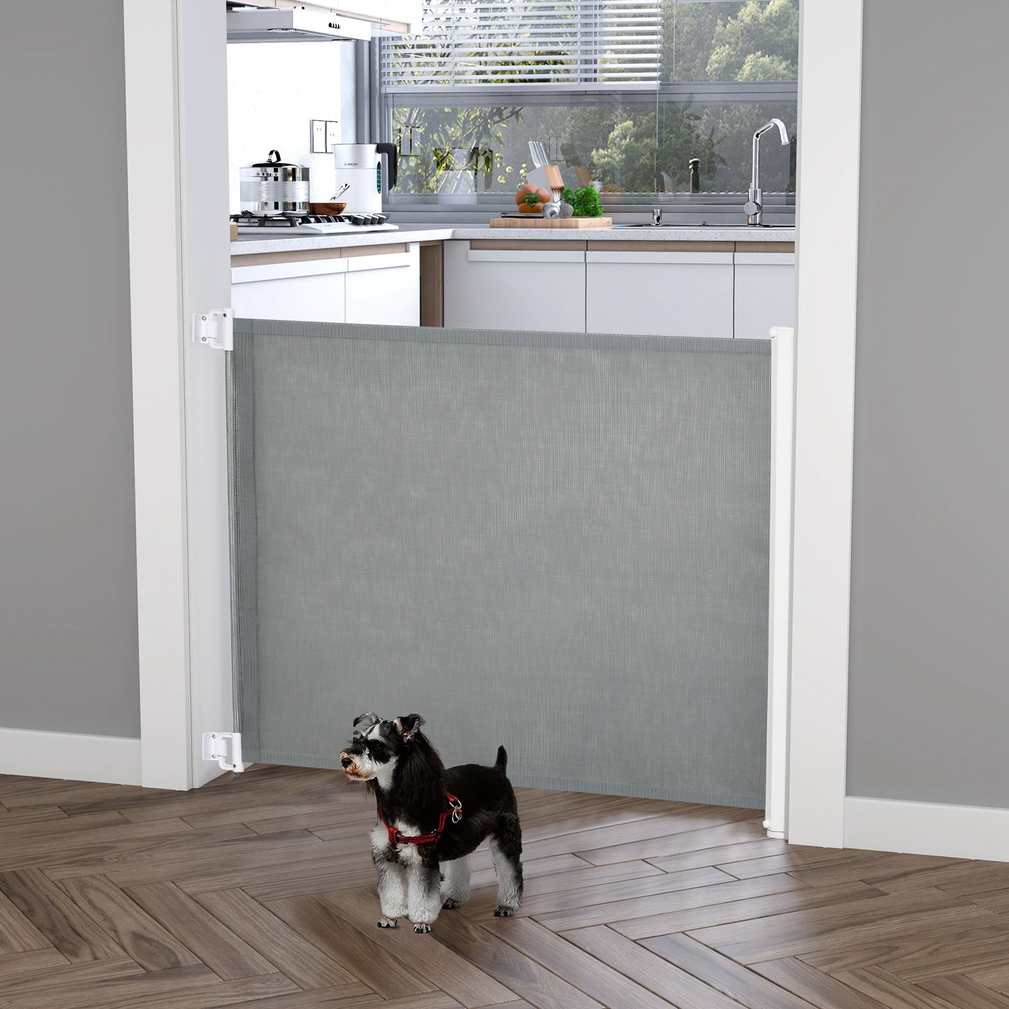 Pet Safety Gate, Retractable Dog Barrier, Folding Home Doorway Stair Guard