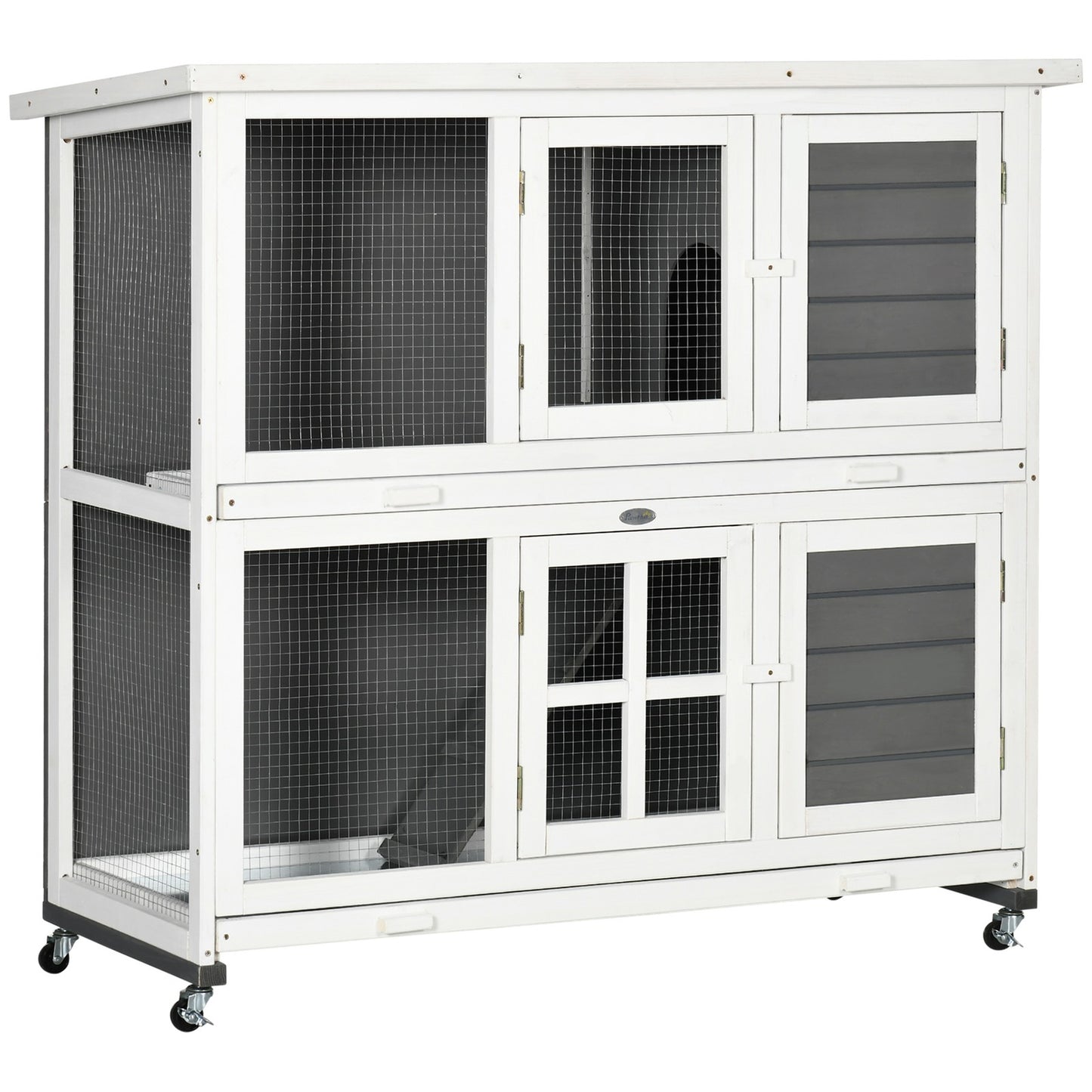 Pawhut Rabbit Hutch, Guinea Pig Cage with Wheels & Slide-Out Trays, Grey