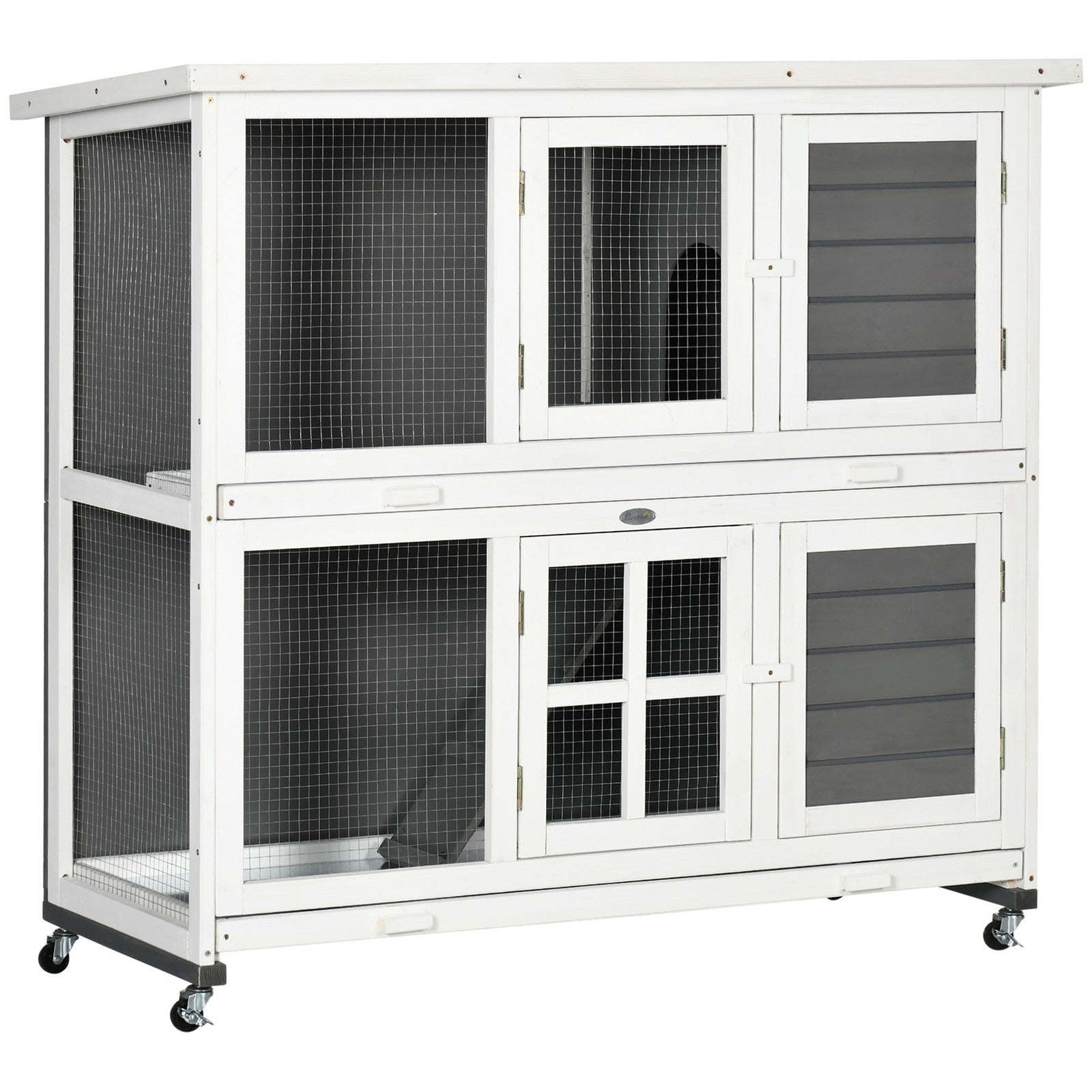 Pawhut Rabbit Hutch, Guinea Pig Cage with Wheels & Slide-Out Trays, Grey