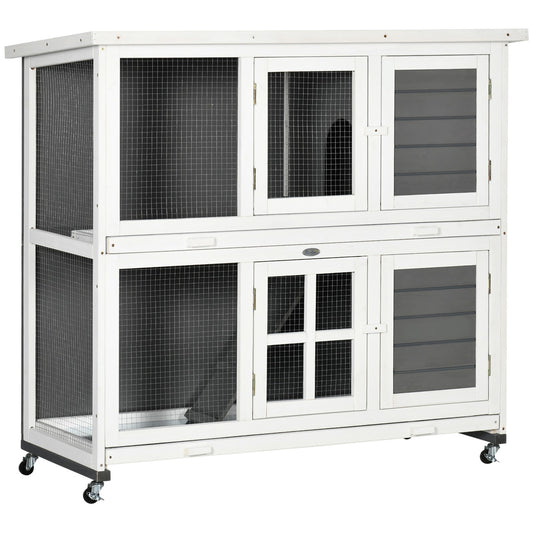 Pawhut Rabbit Hutch, Guinea Pig Cage with Wheels & Slide-Out Trays, Grey