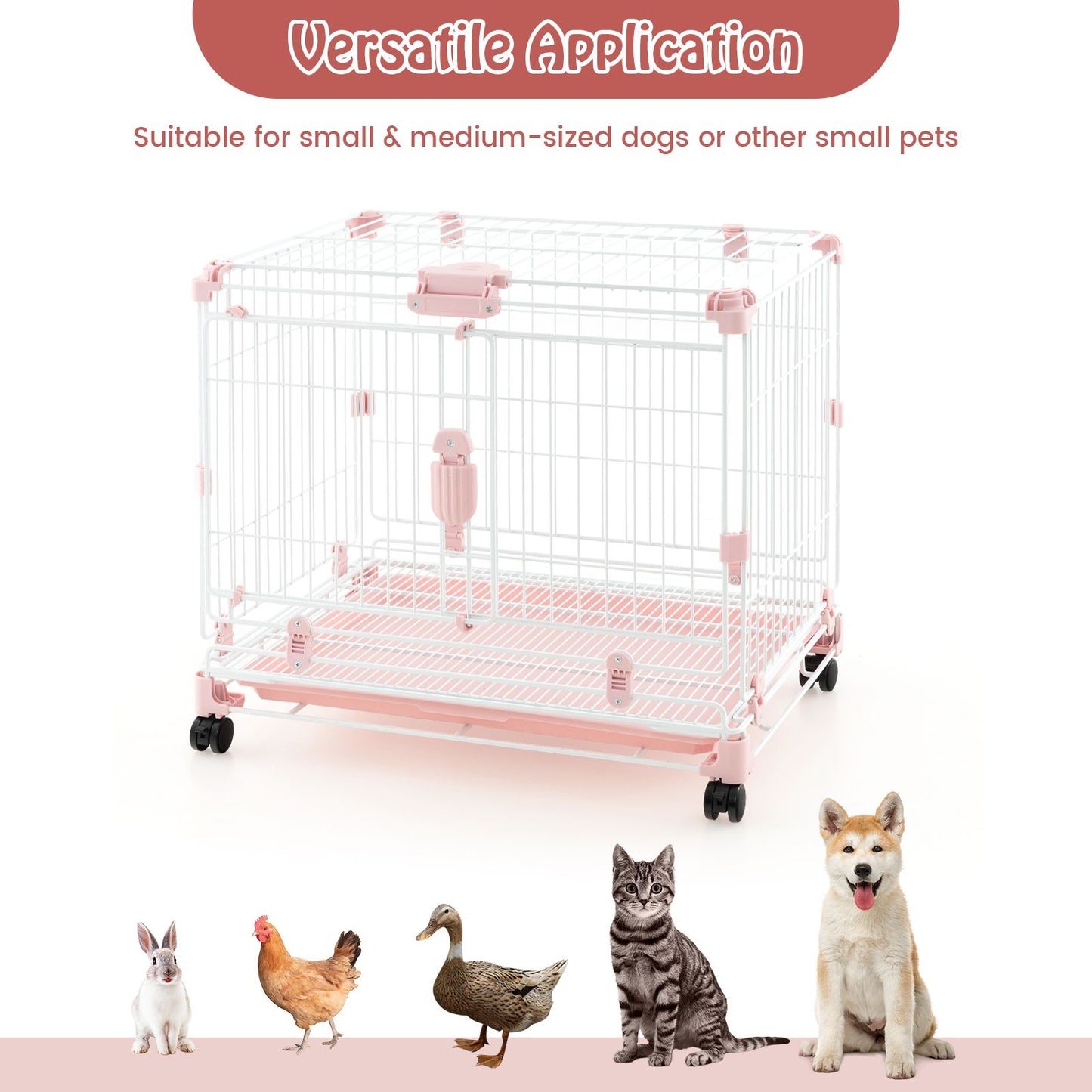 Folding Dog Kennel with Double Lockable Door and Wheels